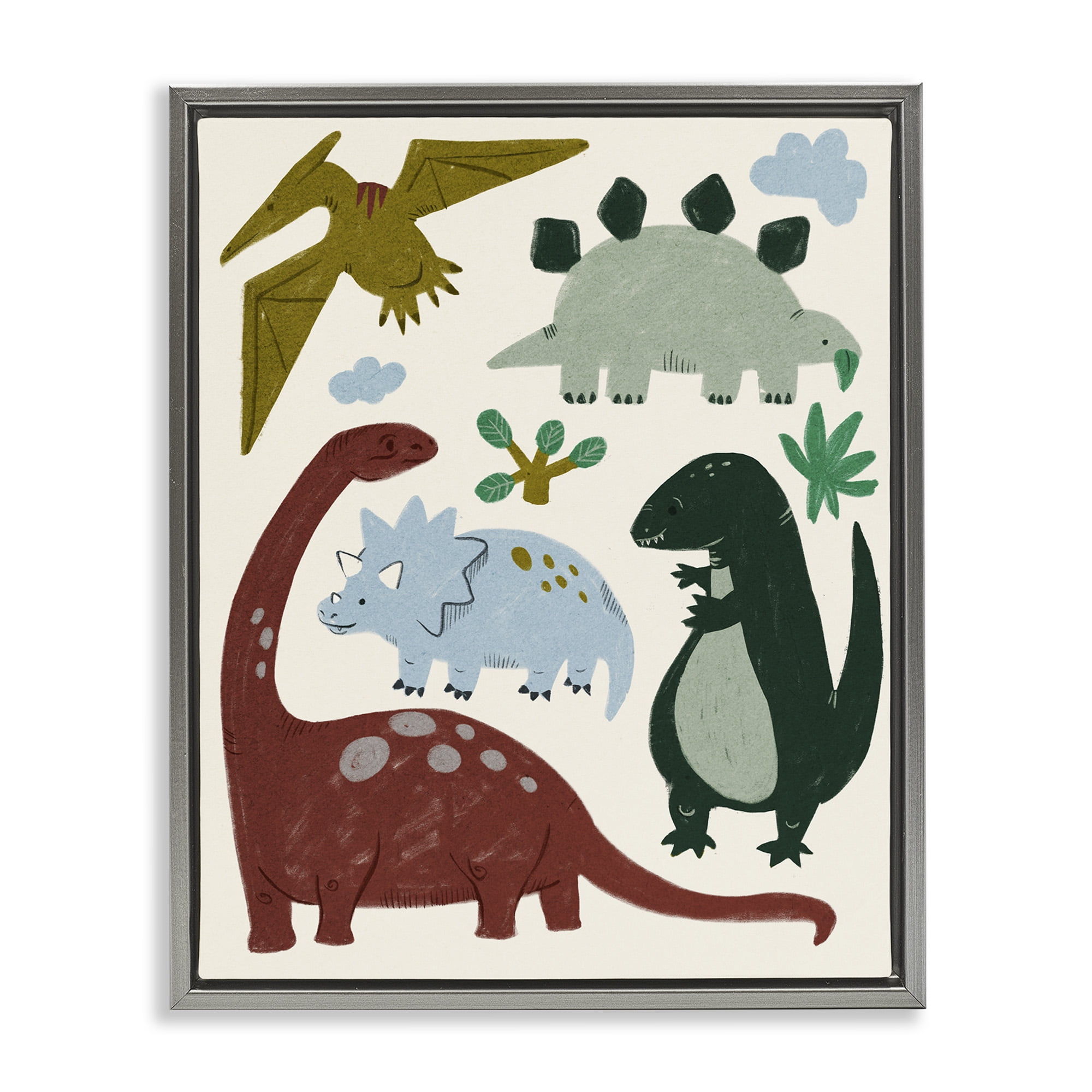Stupell Industries Colorful Cartoon Dinosaur Friends Animals & Insects Painting Gray Floater Framed Canvas Art Print Wall Art, 17 x 21