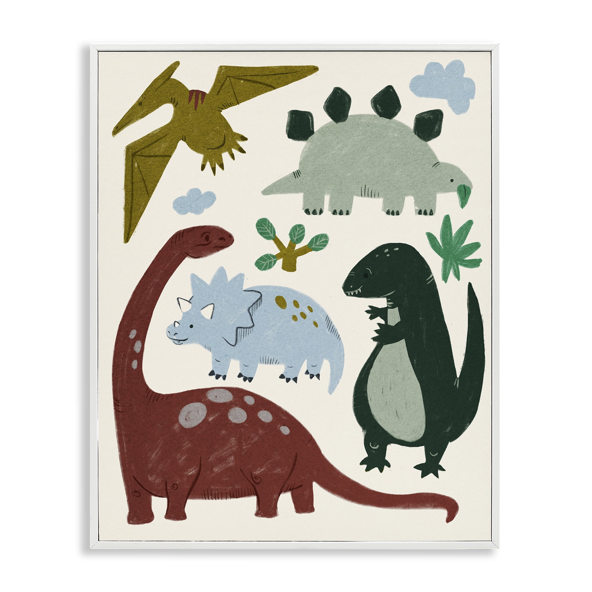 Stupell Industries Colorful Cartoon Dinosaur Friends Animals & Insects Painting White Framed Art Print Wall Art, 16 x 20