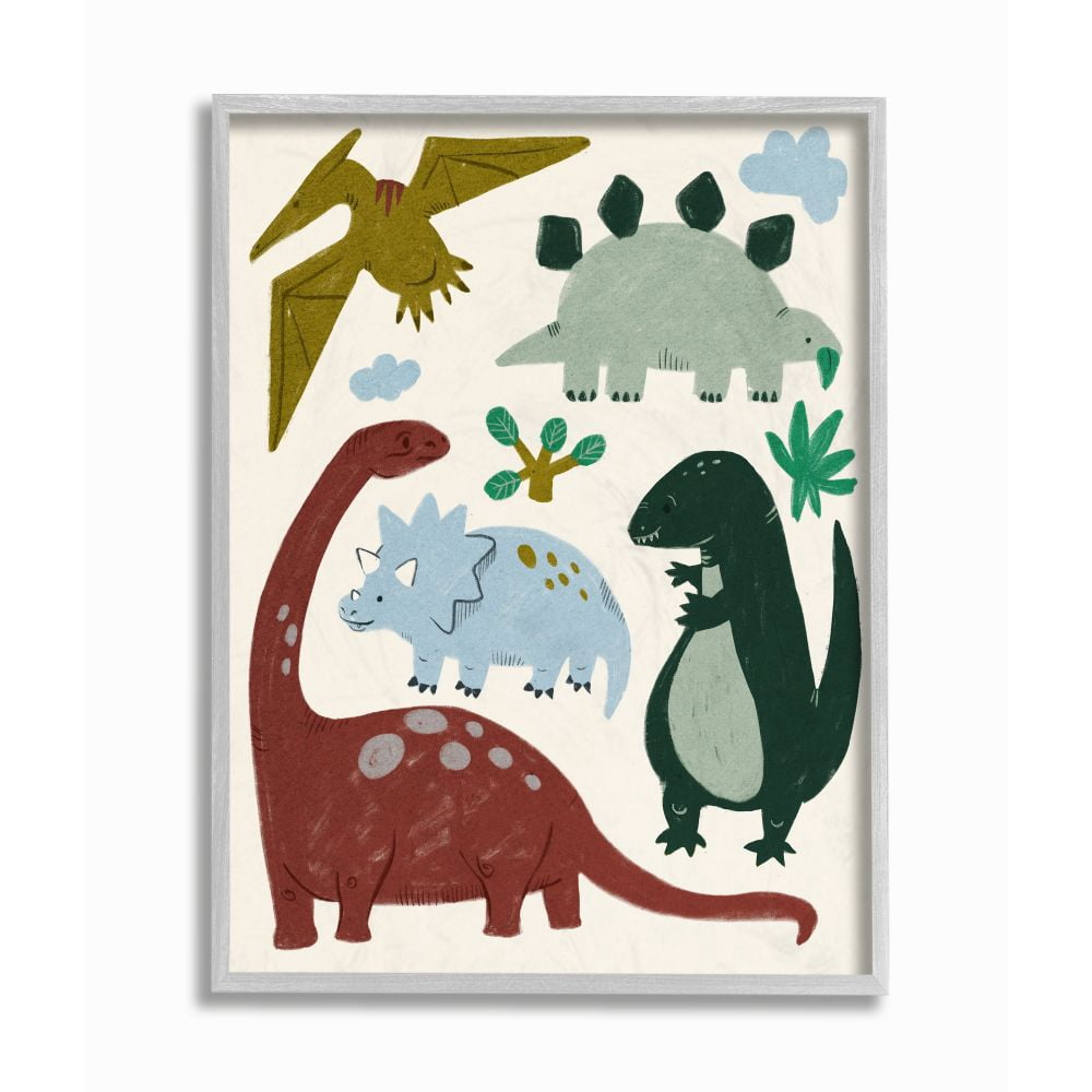 Stupell Industries Colorful Cartoon Dinosaur Friends Kid's Science Illustration Framed Wall Art Design by Daphne Polselli, 16" x 20", Gray Framed