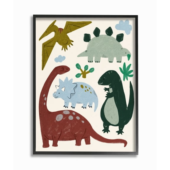Stupell Industries Colorful Cartoon Dinosaur Friends Kid's Science Illustration Framed Wall Art Design by Daphne Polselli, 24" x 30", Black Framed