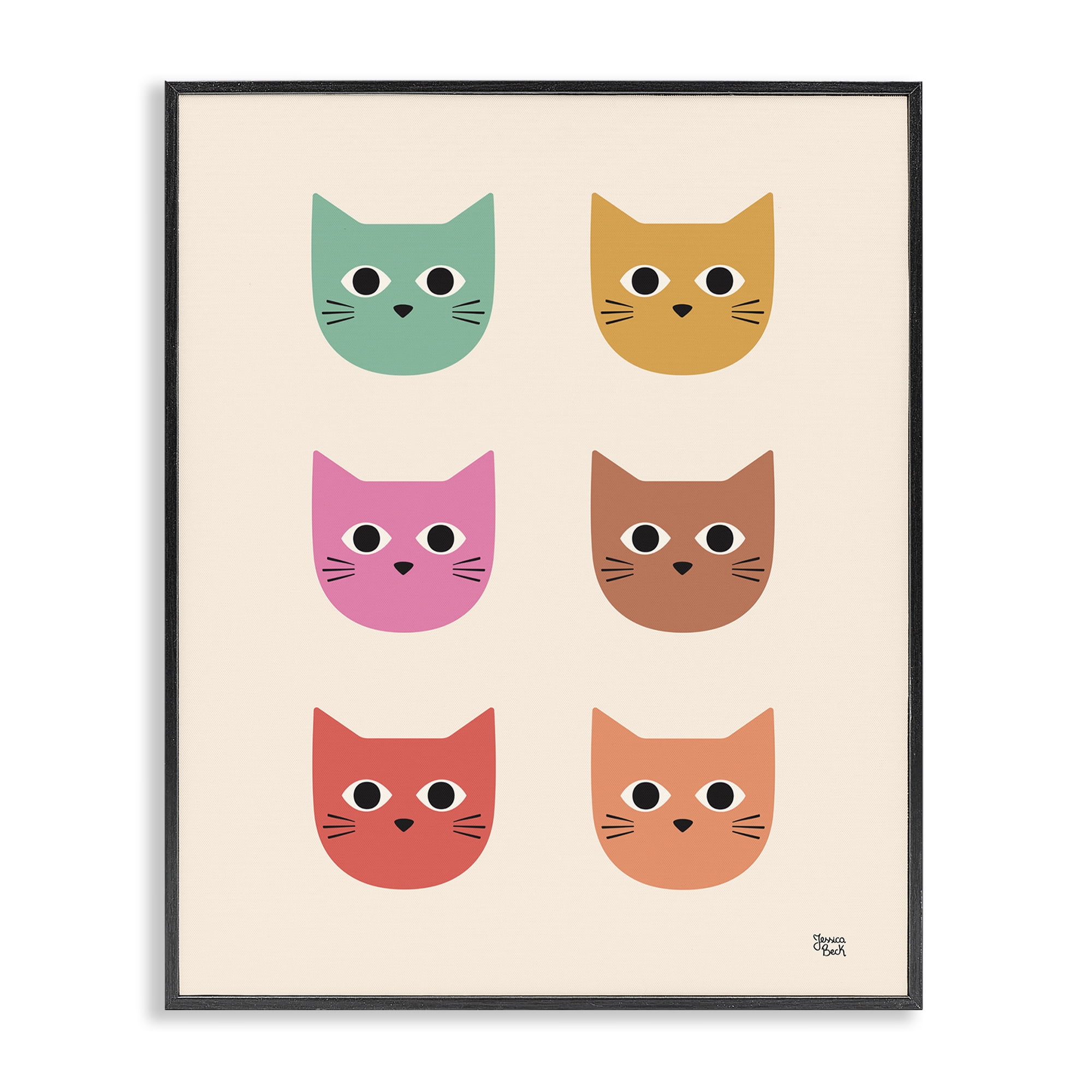 Stupell Industries Colorful Cat Faces Animals Painting Black Framed Art Print Wall Art, 24 x 30