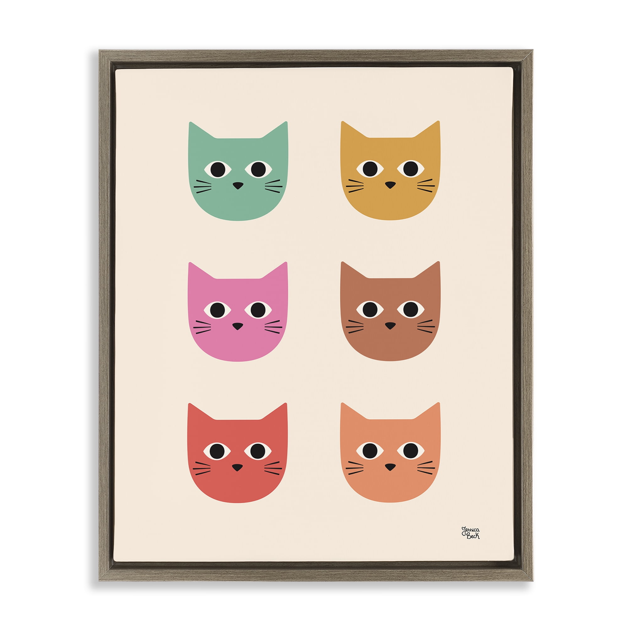 Stupell Industries Colorful Cat Faces Animals Painting Brown Floater Framed Canvas Art Print Wall Art, 17 x 21