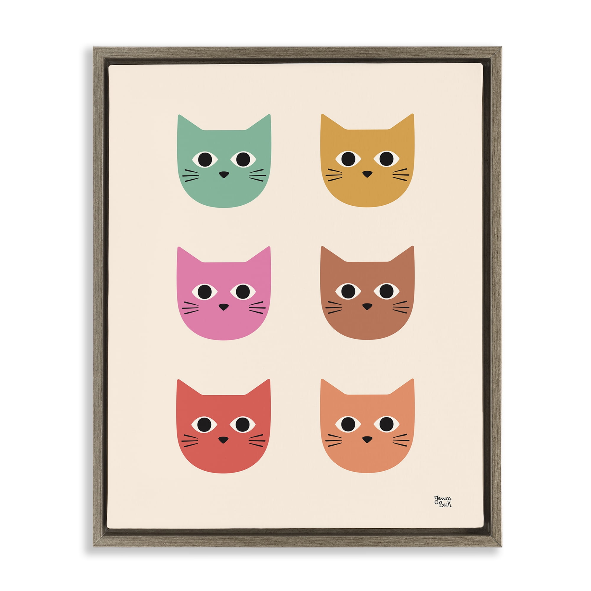 Stupell Industries Colorful Cat Faces Animals Painting Brown Floater Framed Canvas Art Print Wall Art, 25 x 31