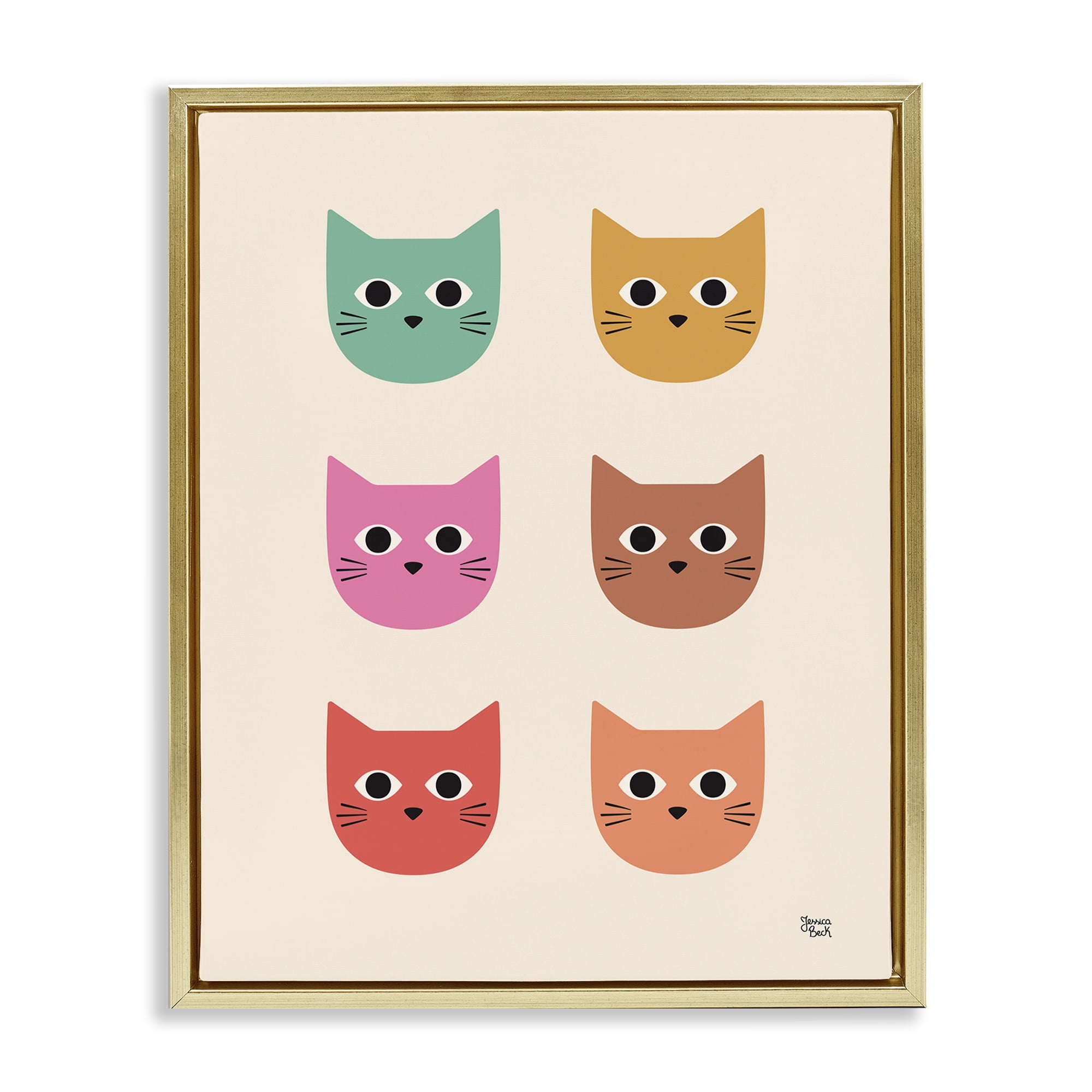 Stupell Industries Colorful Cat Faces Animals Painting Gold Floater Framed Canvas Art Print Wall Art, 17 x 21