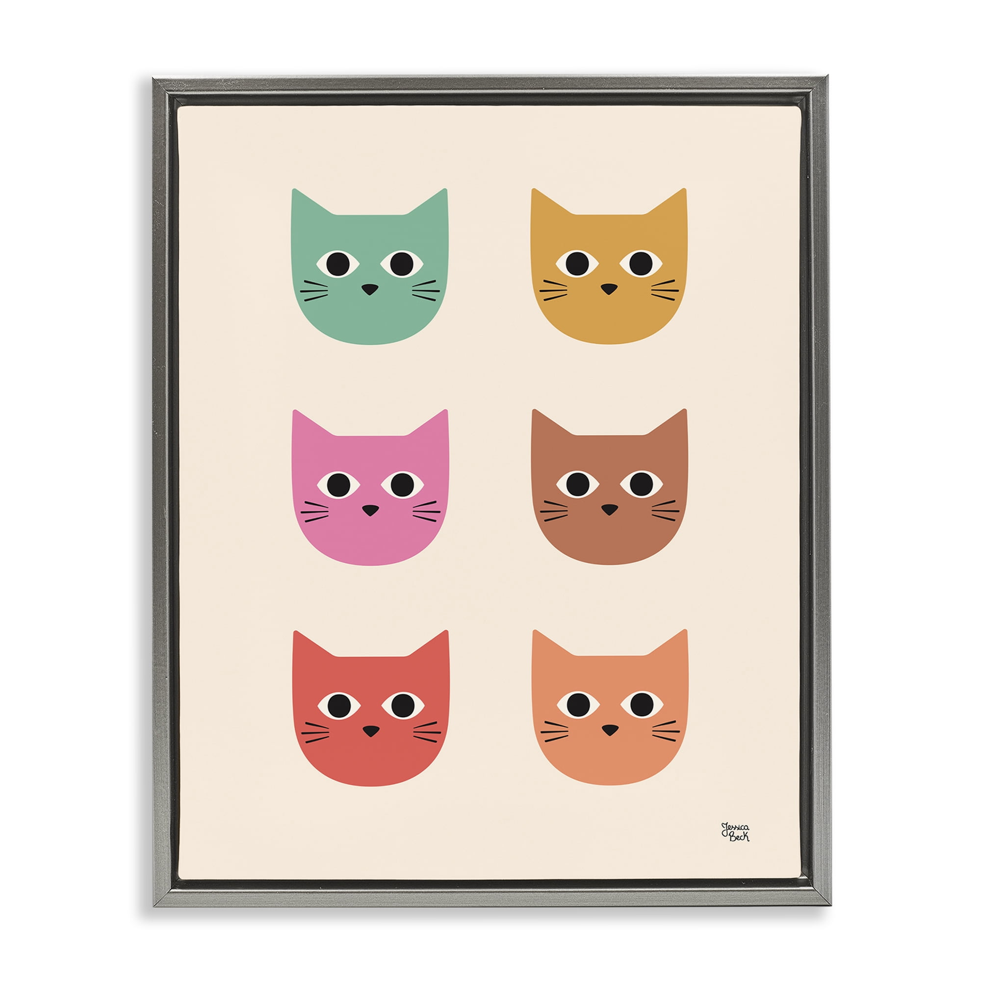 Stupell Industries Colorful Cat Faces Animals Painting Gray Floater Framed Canvas Art Print Wall Art, 17 x 21