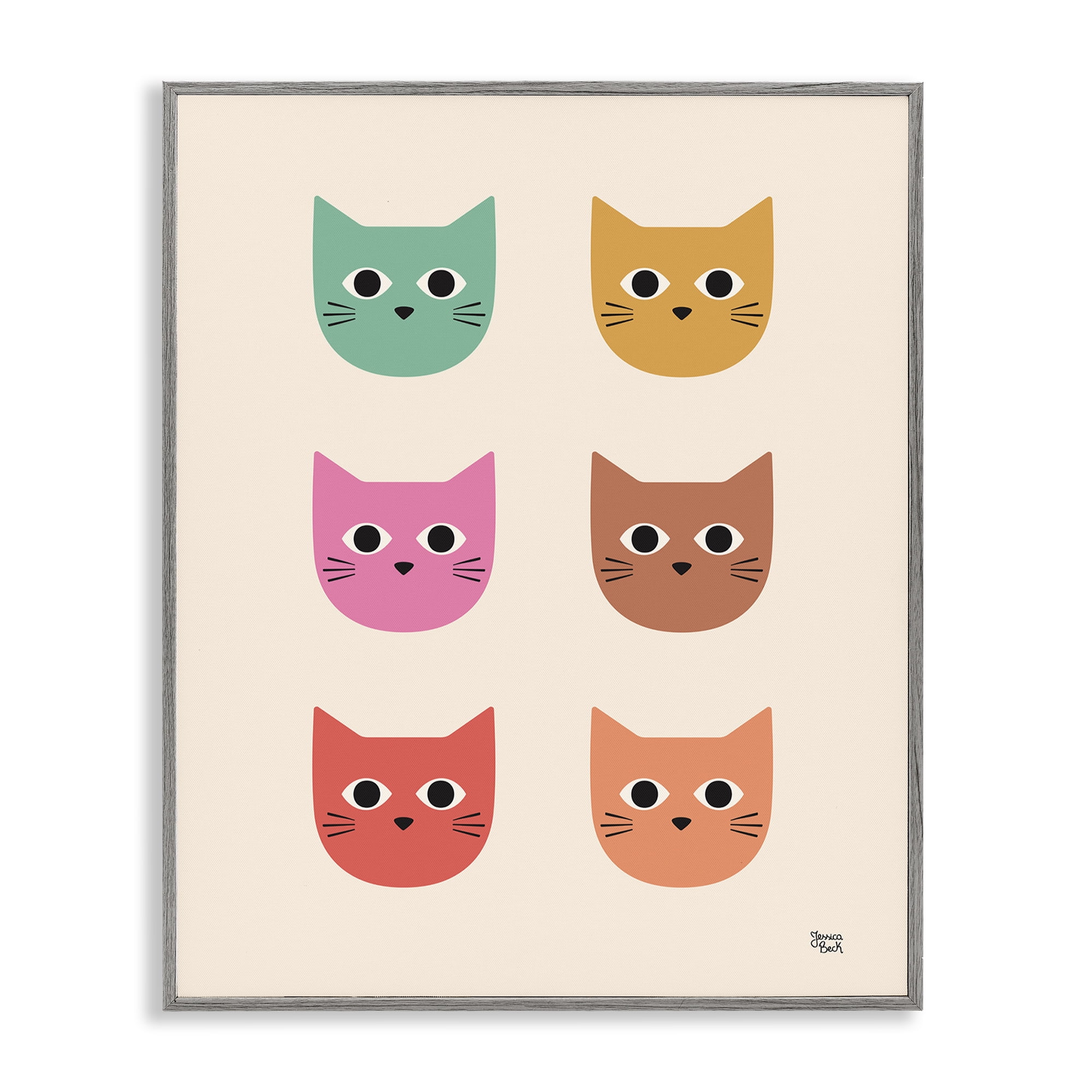 Stupell Industries Colorful Cat Faces Animals Painting Gray Framed Art Print Wall Art, 24 x 30