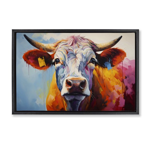 Stupell Industries Colorful Cattle Portrait Black Framed Floater Canvas Wall Art design by LSR Creative Studio, 21 x 31