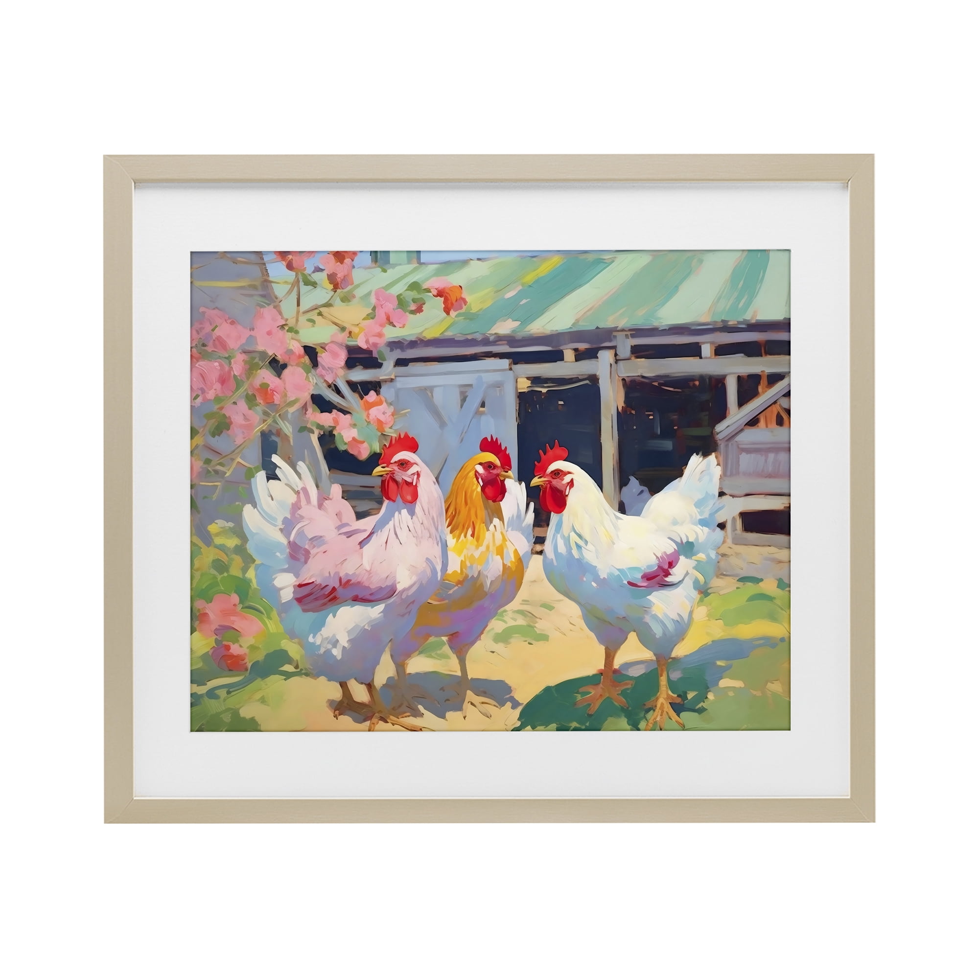 Stupell Industries Colorful Chickens in Sunlit Yard Birch Framed Print Under Glass, design by Creative Studio