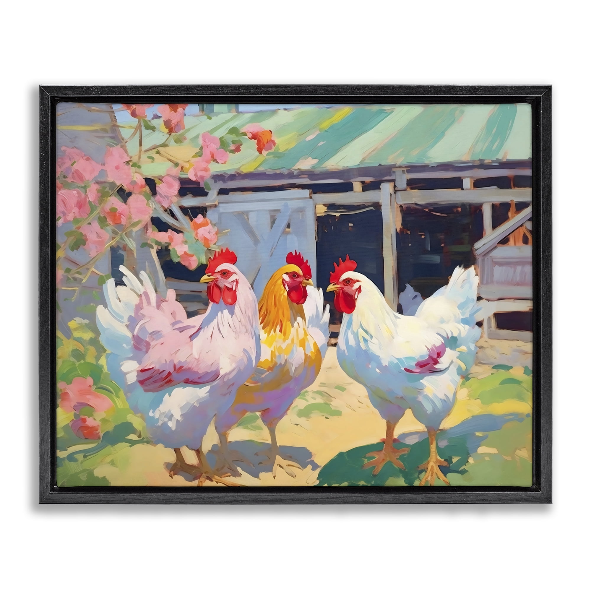 Stupell Industries Colorful Chickens in Sunlit Yard Black Framed Floater Canvas Wall Art, design by Creative Studio