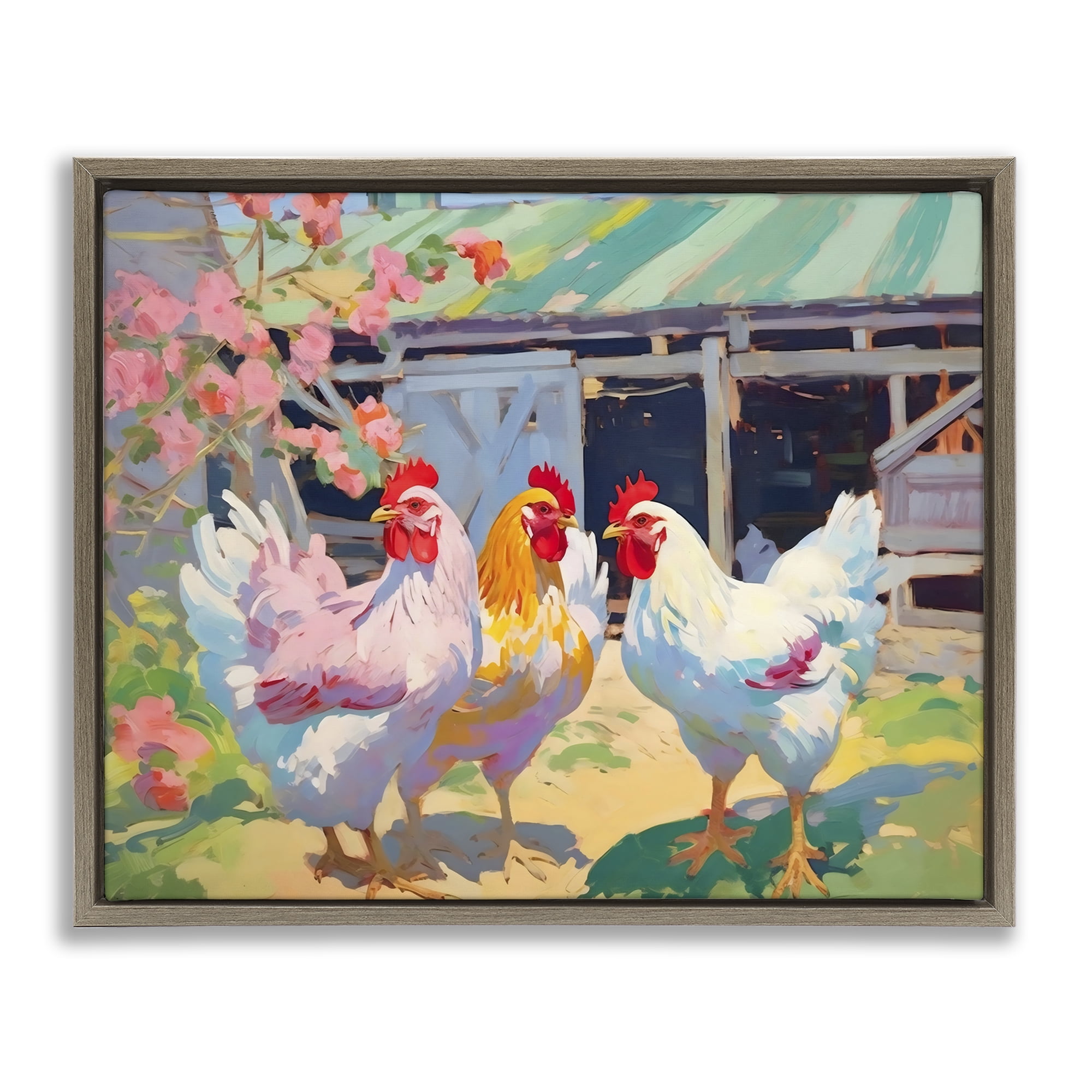 Stupell Industries Colorful Chickens in Sunlit Yard Brown Framed Floater Canvas Wall Art, design by Creative Studio