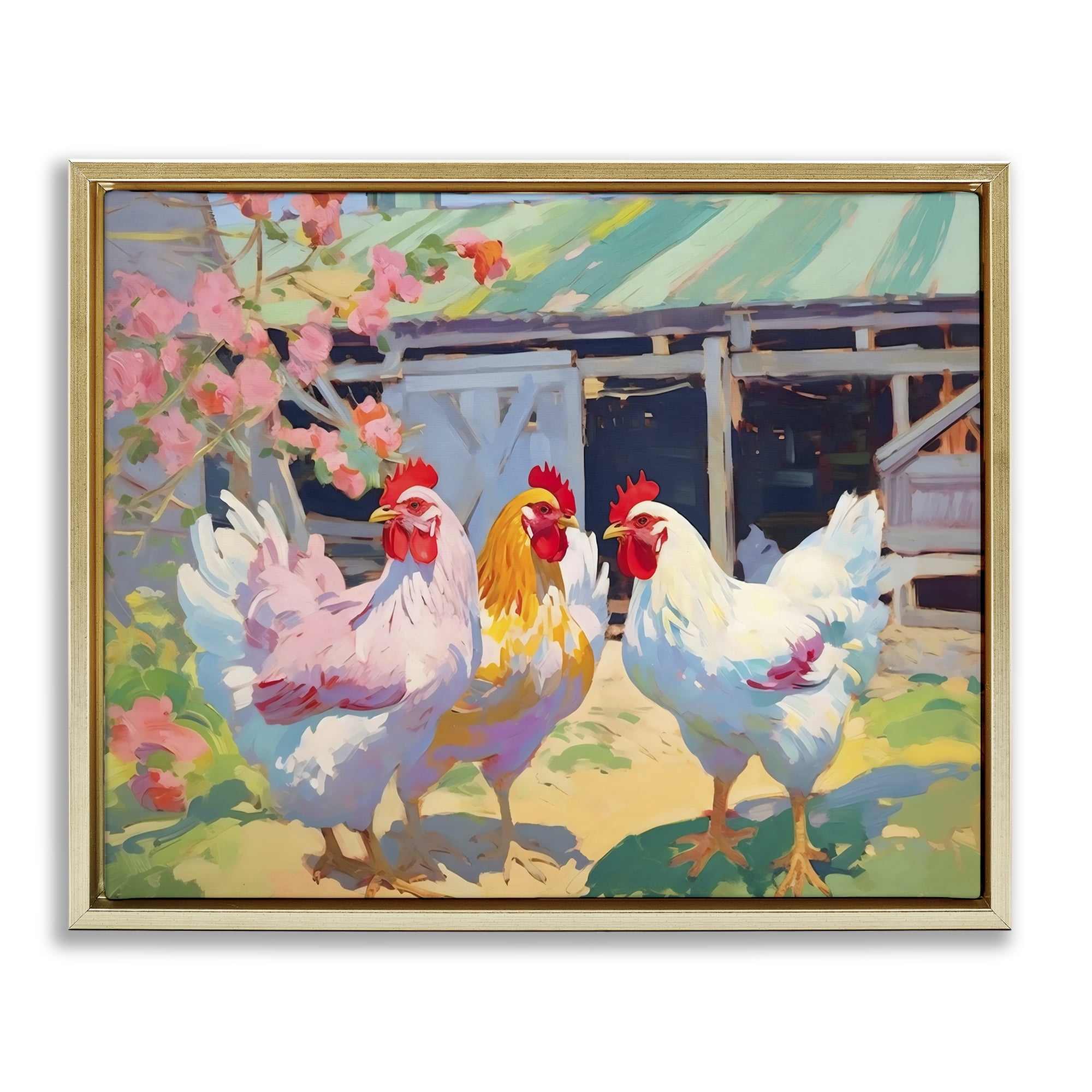 Stupell Industries Colorful Chickens in Sunlit Yard Gold Framed Floater Canvas Wall Art, design by Creative Studio