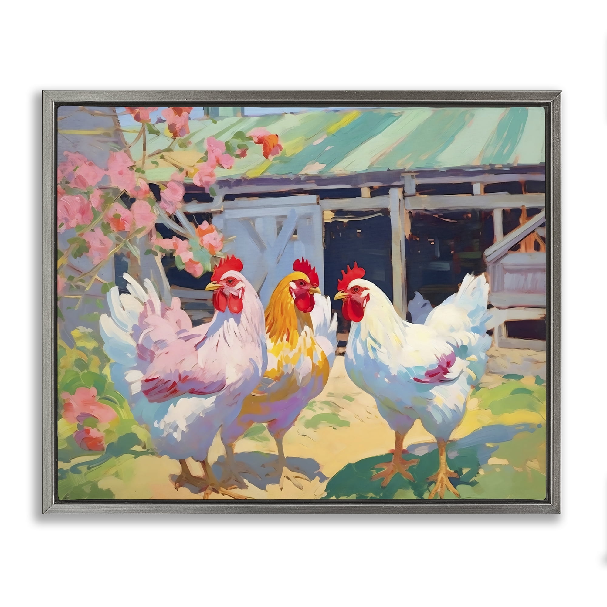 Stupell Industries Colorful Chickens in Sunlit Yard Gray Framed Floater Canvas Wall Art, design by Creative Studio