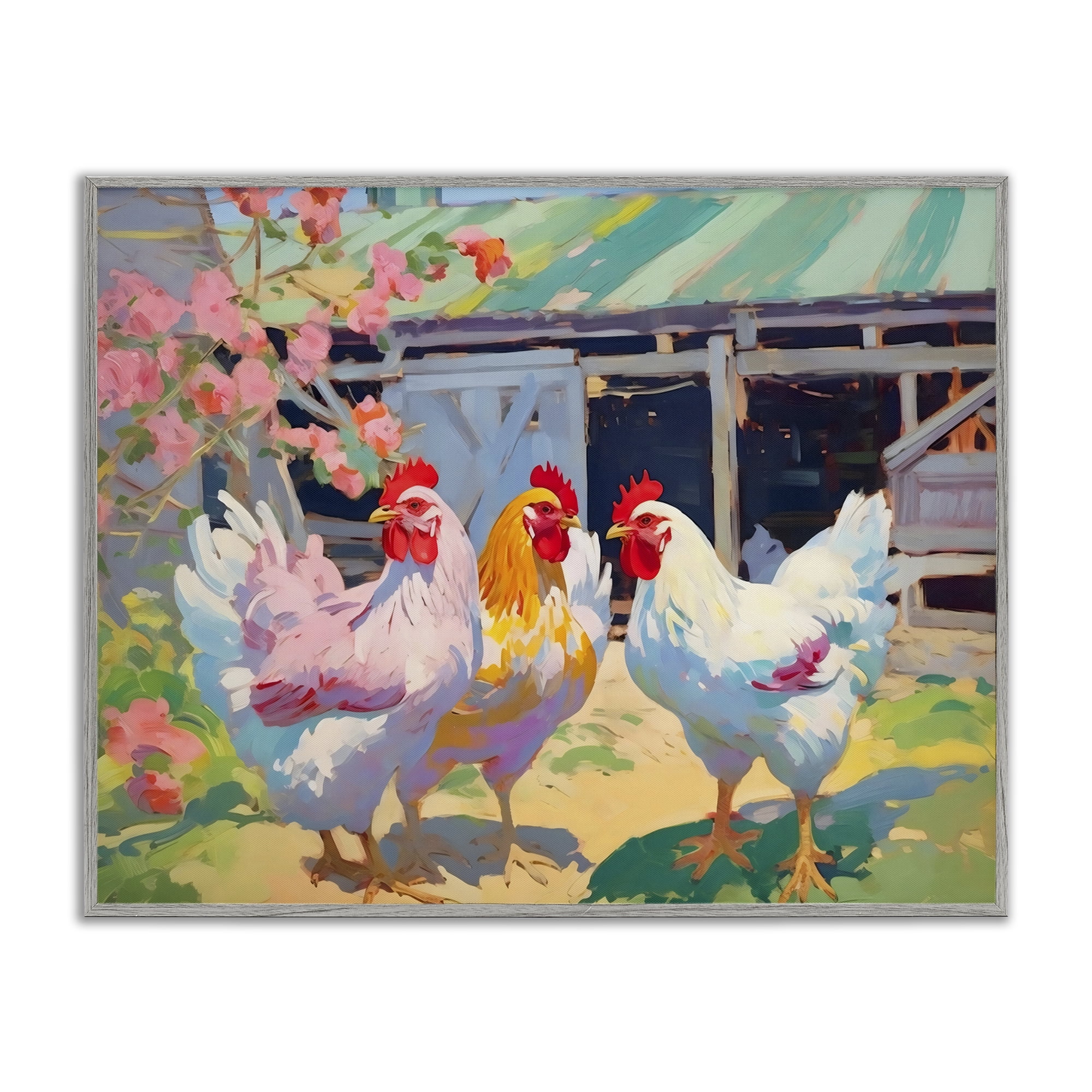 Stupell Industries Colorful Chickens in Sunlit Yard Gray Framed Giclee Art, design by Creative Studio