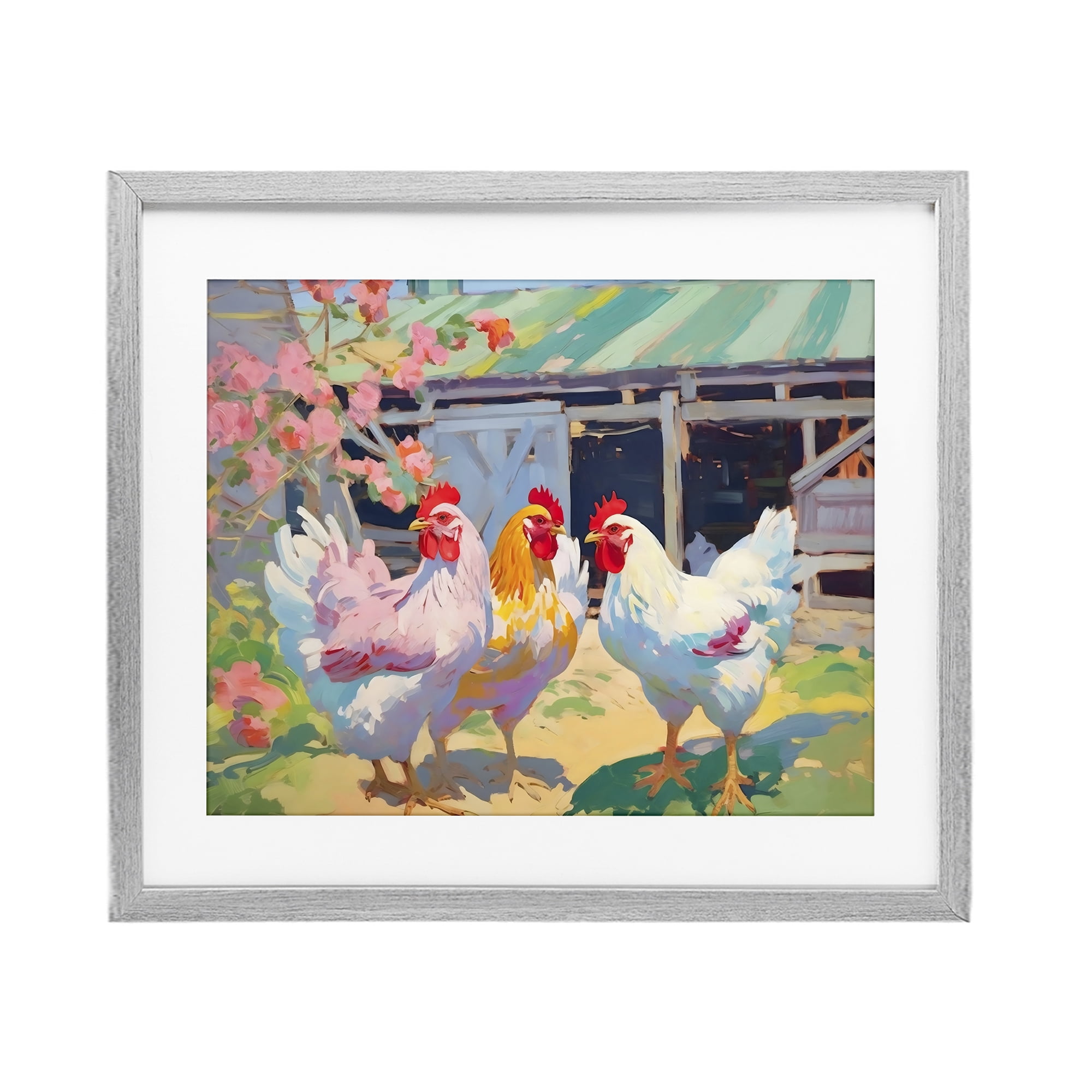 Stupell Industries Colorful Chickens in Sunlit Yard Gray Framed Print Under Glass, design by Creative Studio