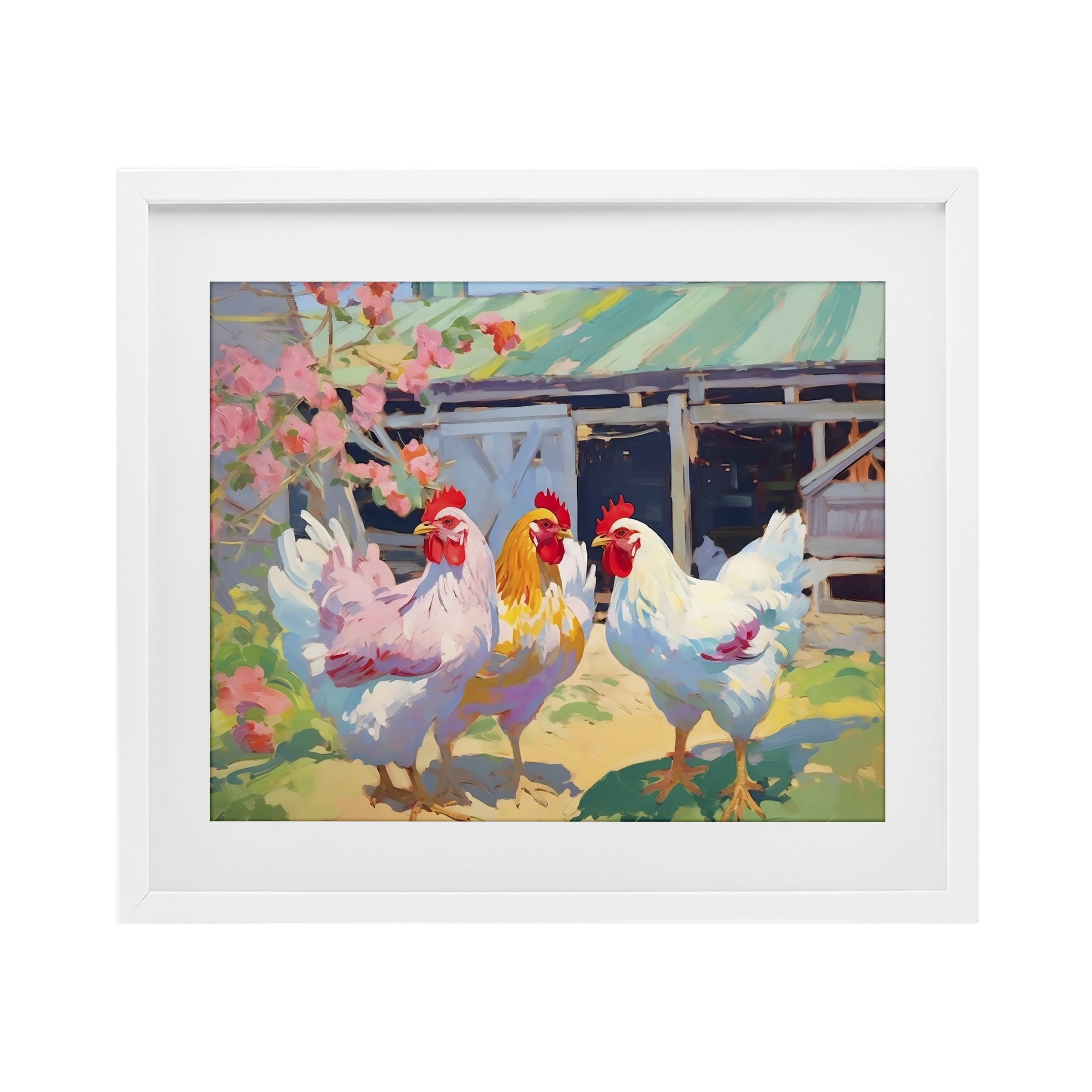 Stupell Industries Colorful Chickens in Sunlit Yard White Framed Print Under Glass, design by Creative Studio
