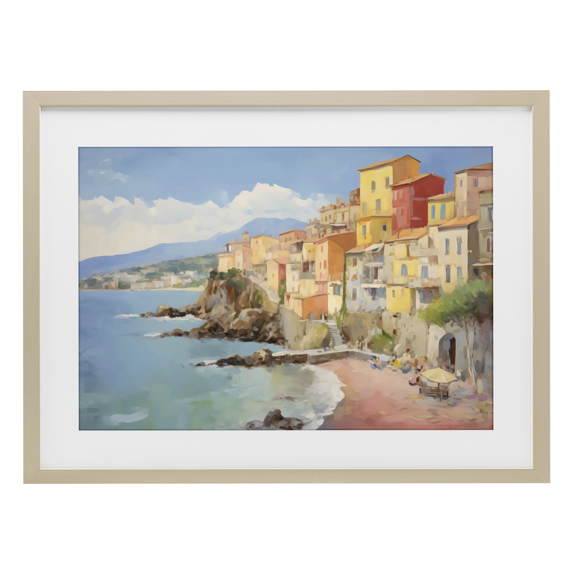 Stupell Industries Colorful Coastal Town by Sea Birch Framed Print Under Glass, design by Creative Studio