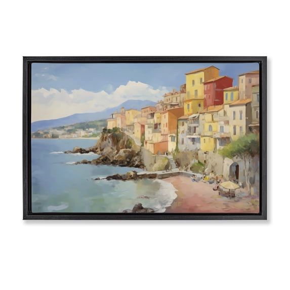 Stupell Industries Transitional Colorful Coastal Town by Sea Black Floating Frame Canvas Art, 25 x 17, by Creative Studio