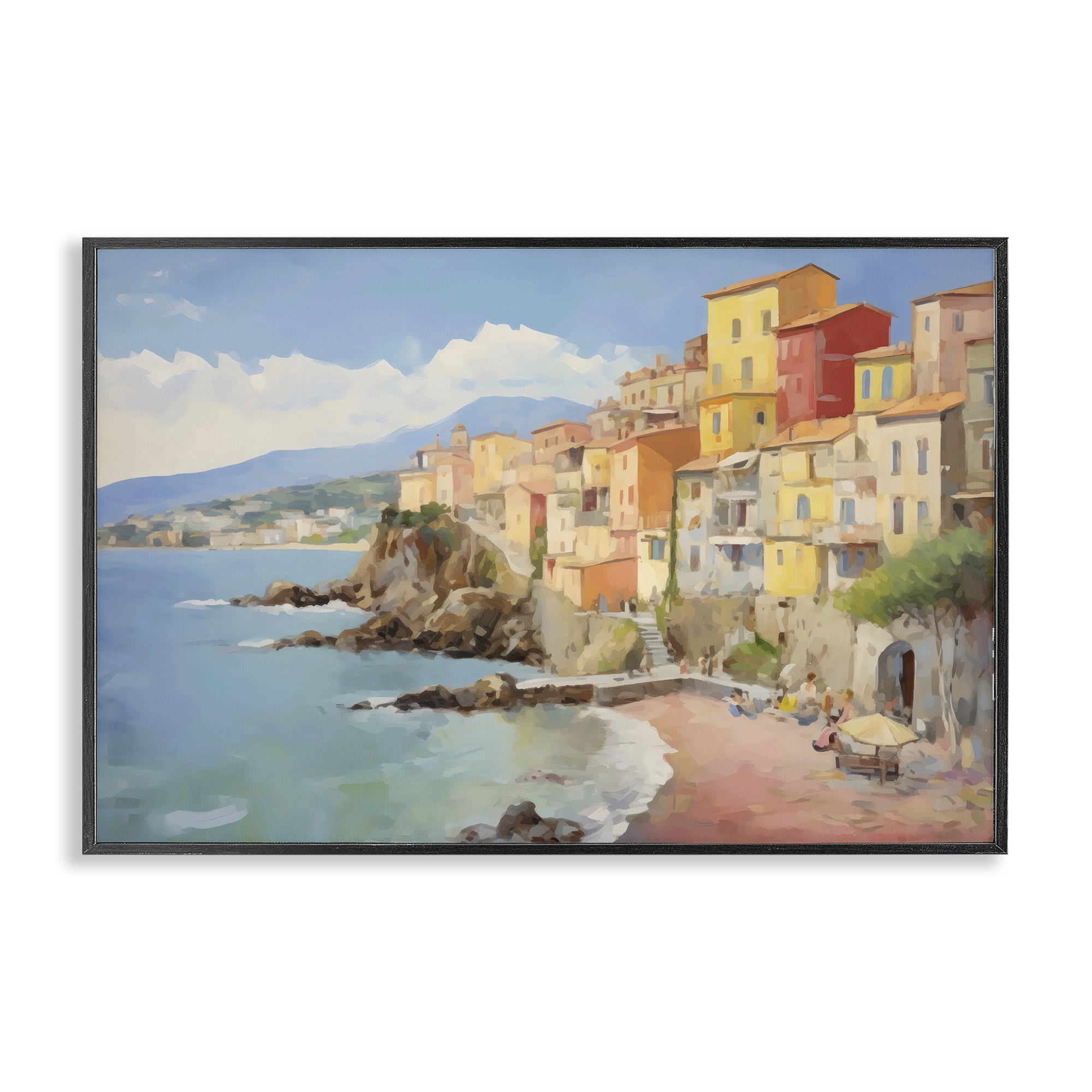 Stupell Industries Colorful Coastal Town by Sea Black Framed Giclee Art, design by Creative Studio