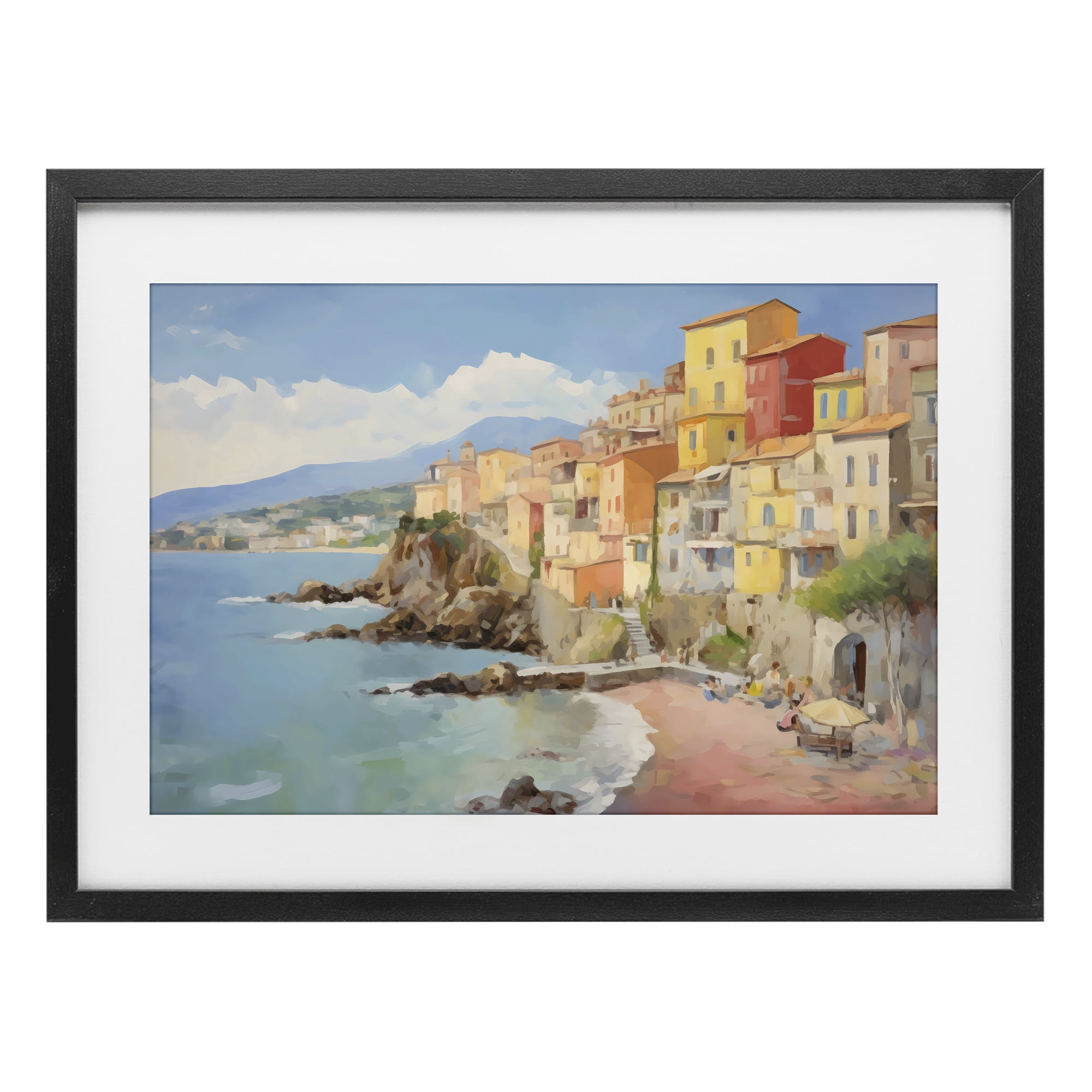 Stupell Industries Colorful Coastal Town by Sea Black Framed Print Under Glass, design by Creative Studio
