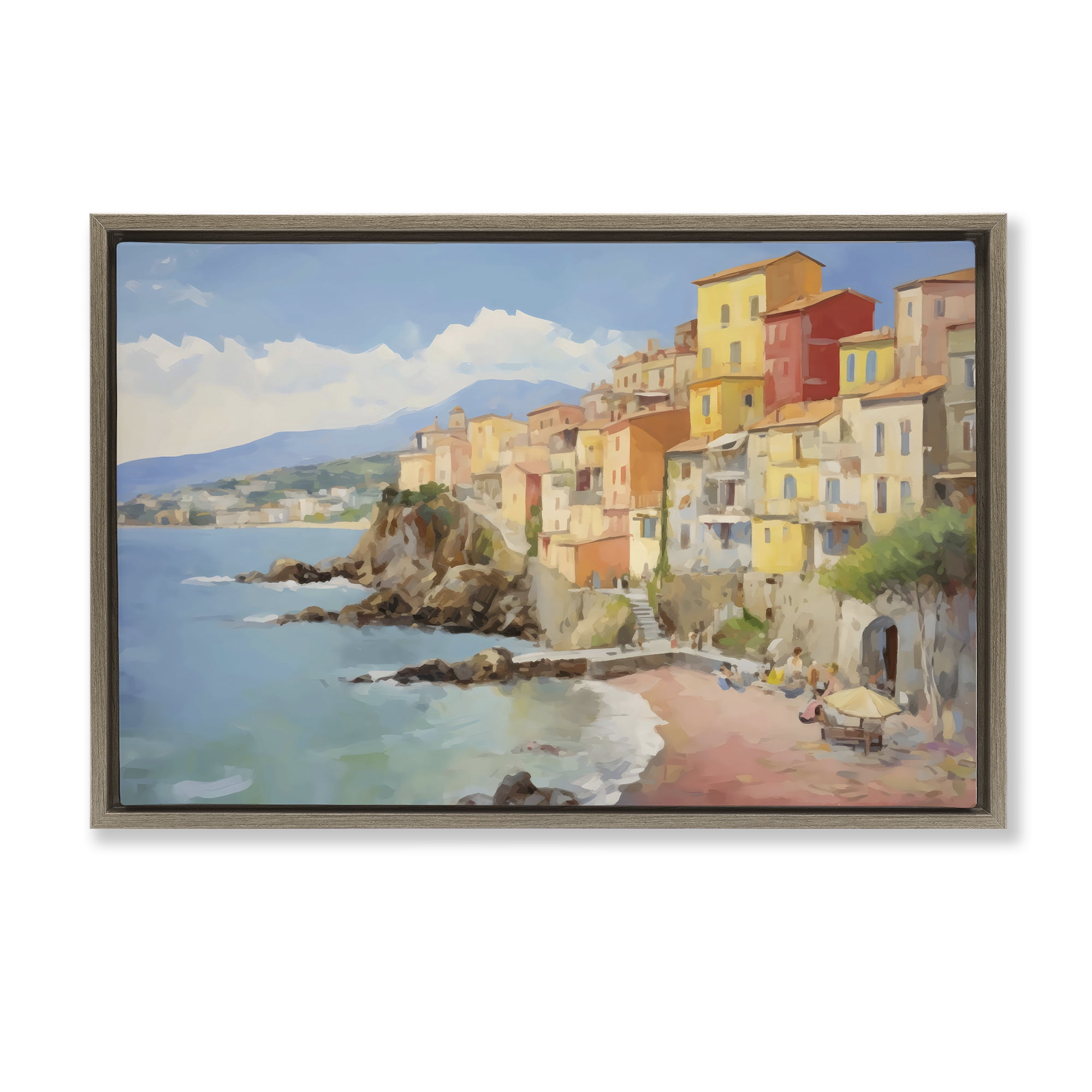 Stupell Industries Colorful Coastal Town by Sea Brown Framed Floater Canvas Wall Art, design by Creative Studio