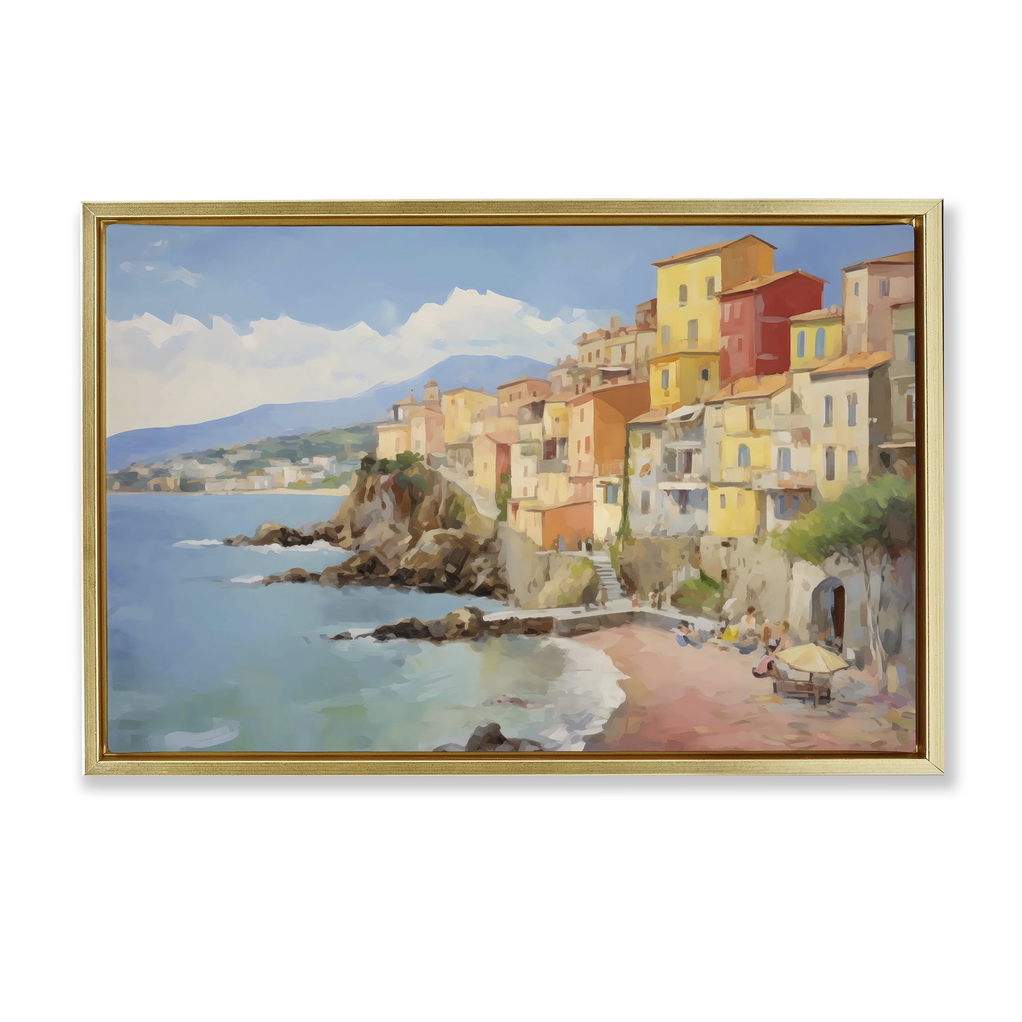 Stupell Industries Colorful Coastal Town by Sea Gold Framed Floater Canvas Wall Art, design by Creative Studio