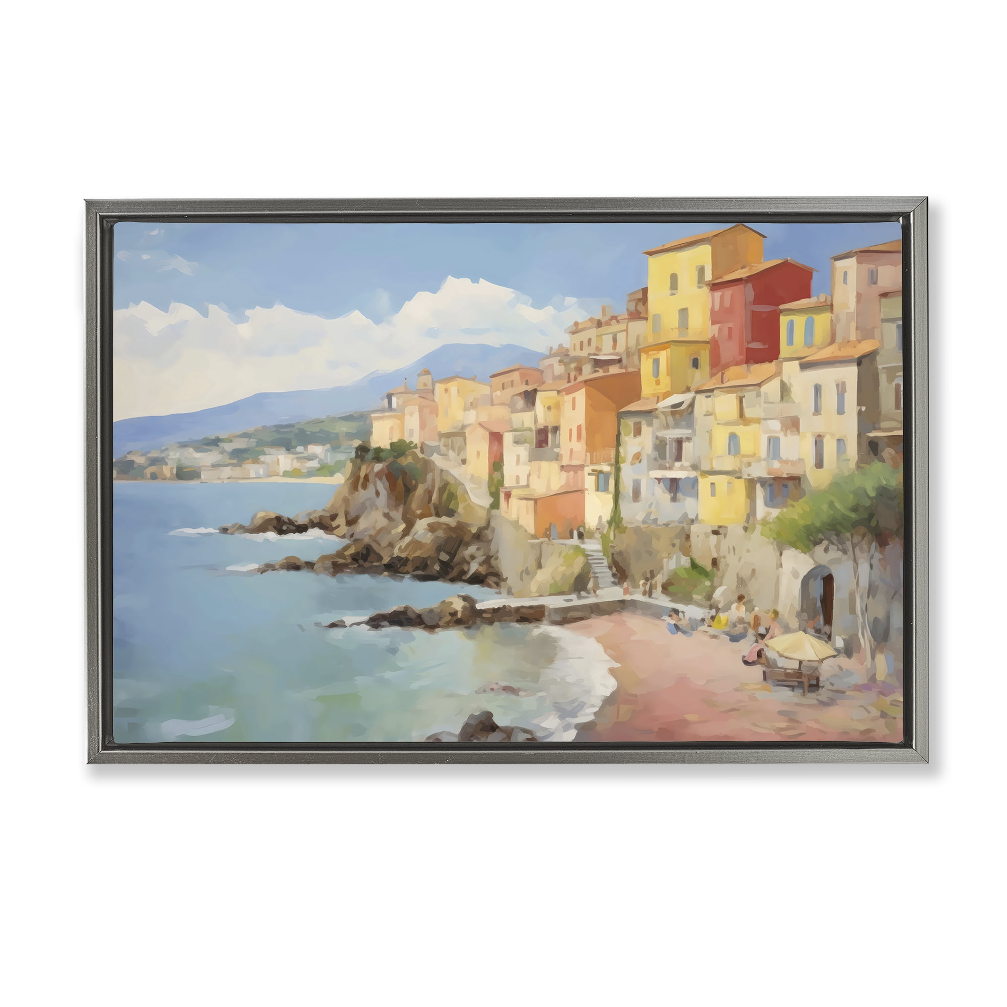 Stupell Industries Colorful Coastal Town by Sea Gray Framed Floater Canvas Wall Art, design by Creative Studio