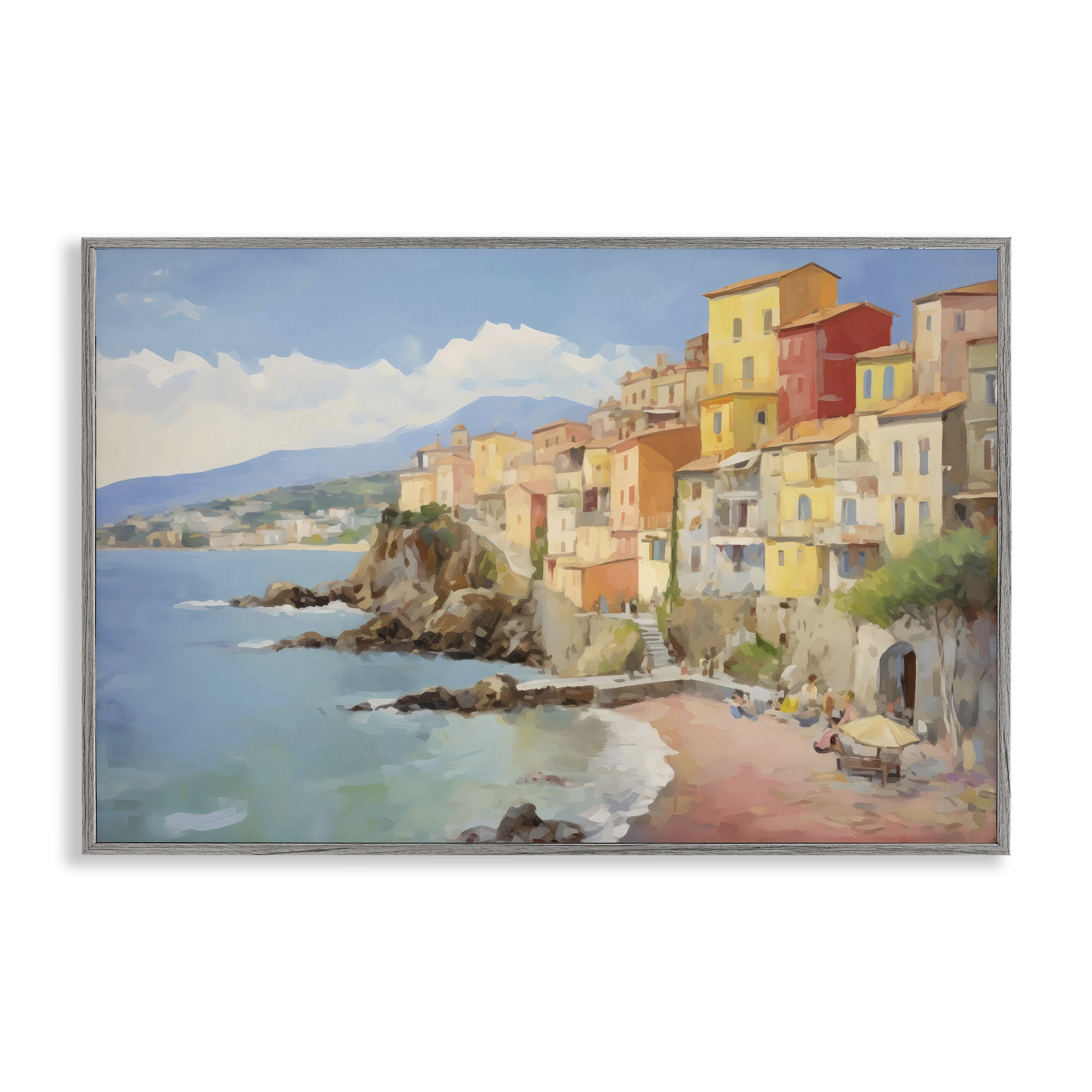 Stupell Industries Colorful Coastal Town by Sea Gray Framed Giclee Art, design by Creative Studio