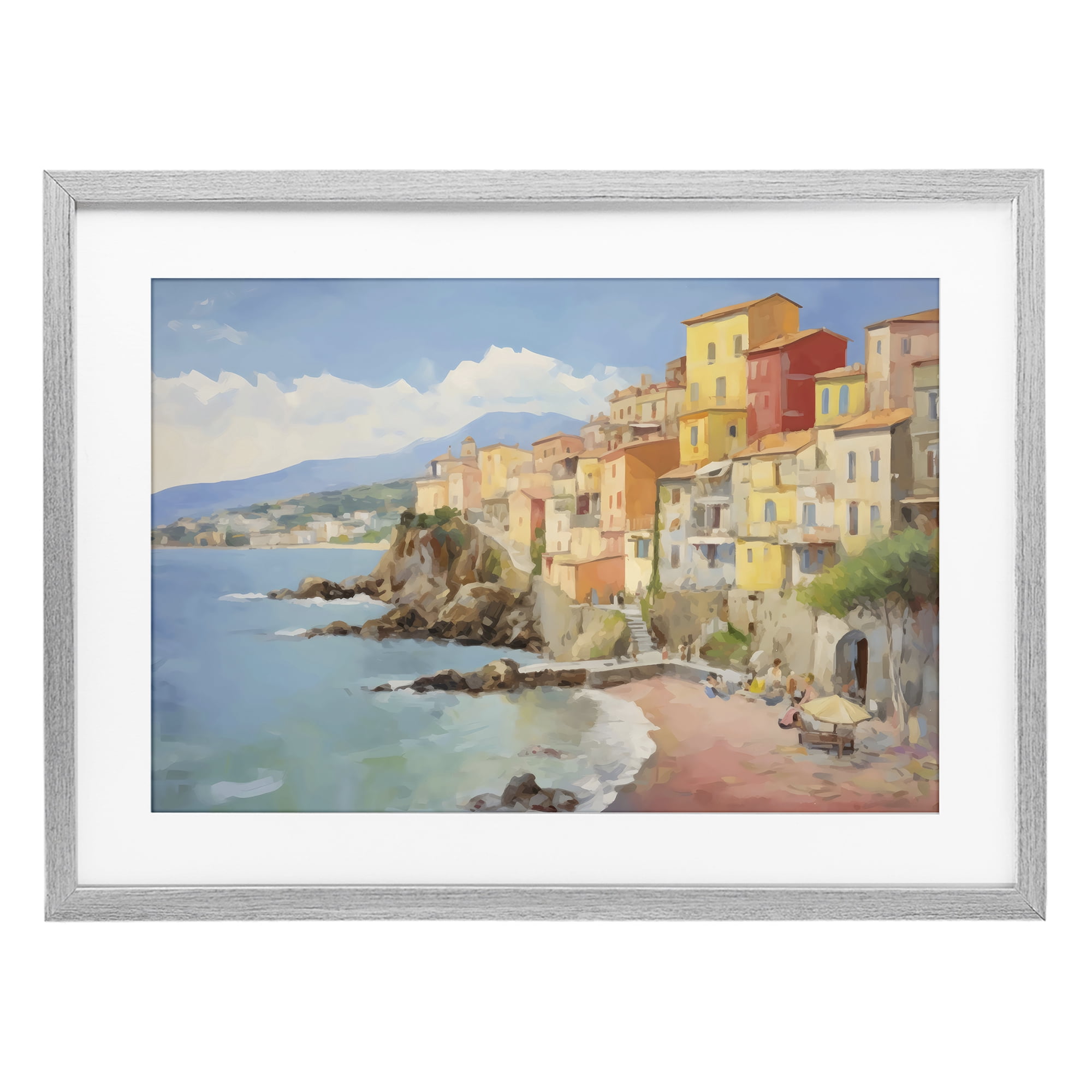 Stupell Industries Colorful Coastal Town by Sea Gray Framed Print Under Glass, design by Creative Studio