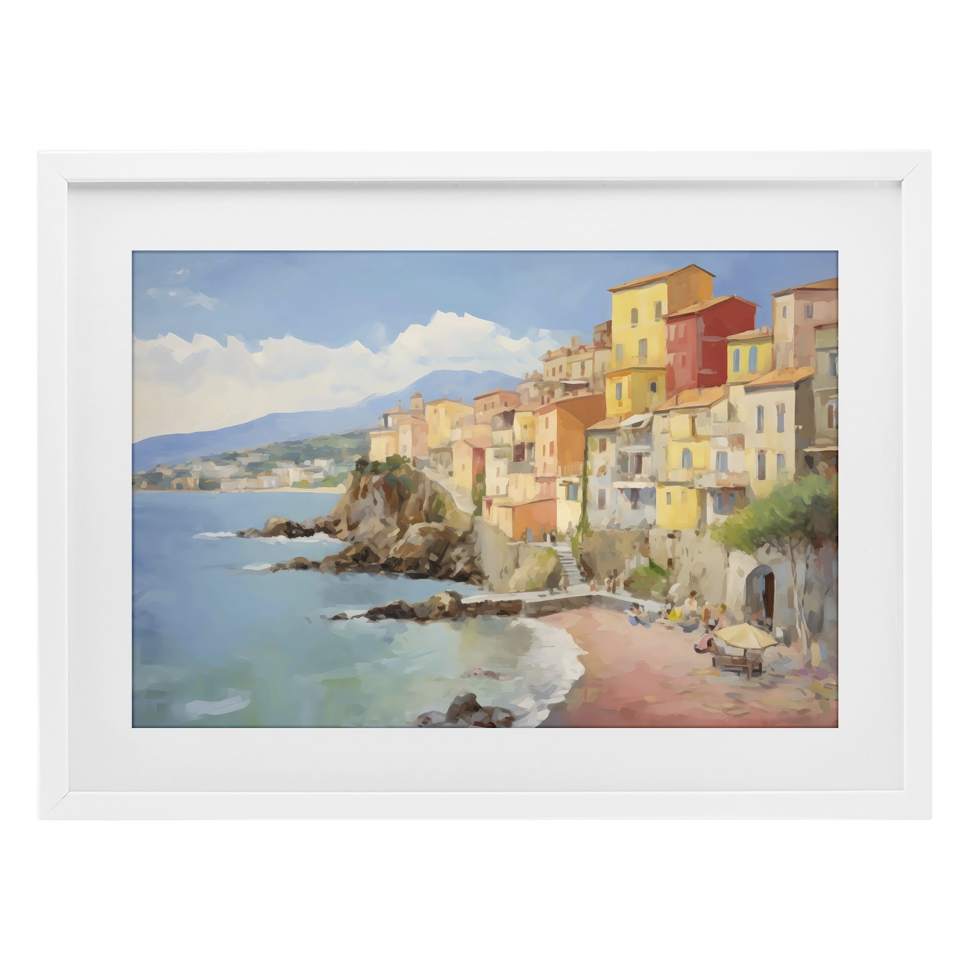 Stupell Industries Colorful Coastal Town by Sea White Framed Print Under Glass, design by Creative Studio