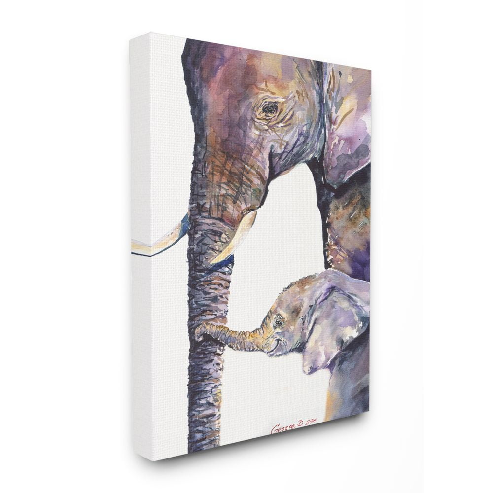 Stupell Industries Colorful Cute Baby Elephant Family Animal Purple Watercolor Painting Canvas Wall Art by George Dyachenko