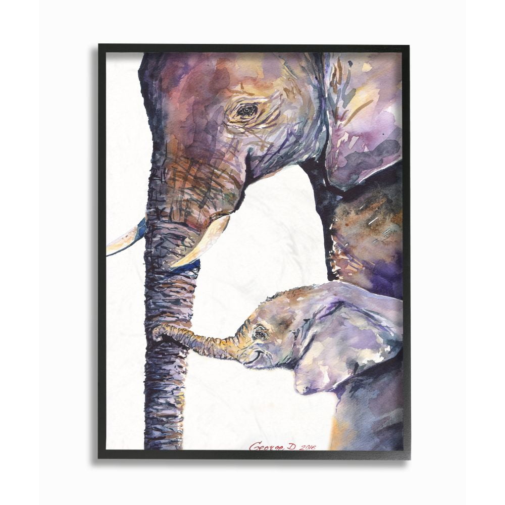 Stupell Industries Colorful Cute Baby Elephant Family Animal Purple Watercolor Painting Framed Giclee Texturized Art by George Dyachenko