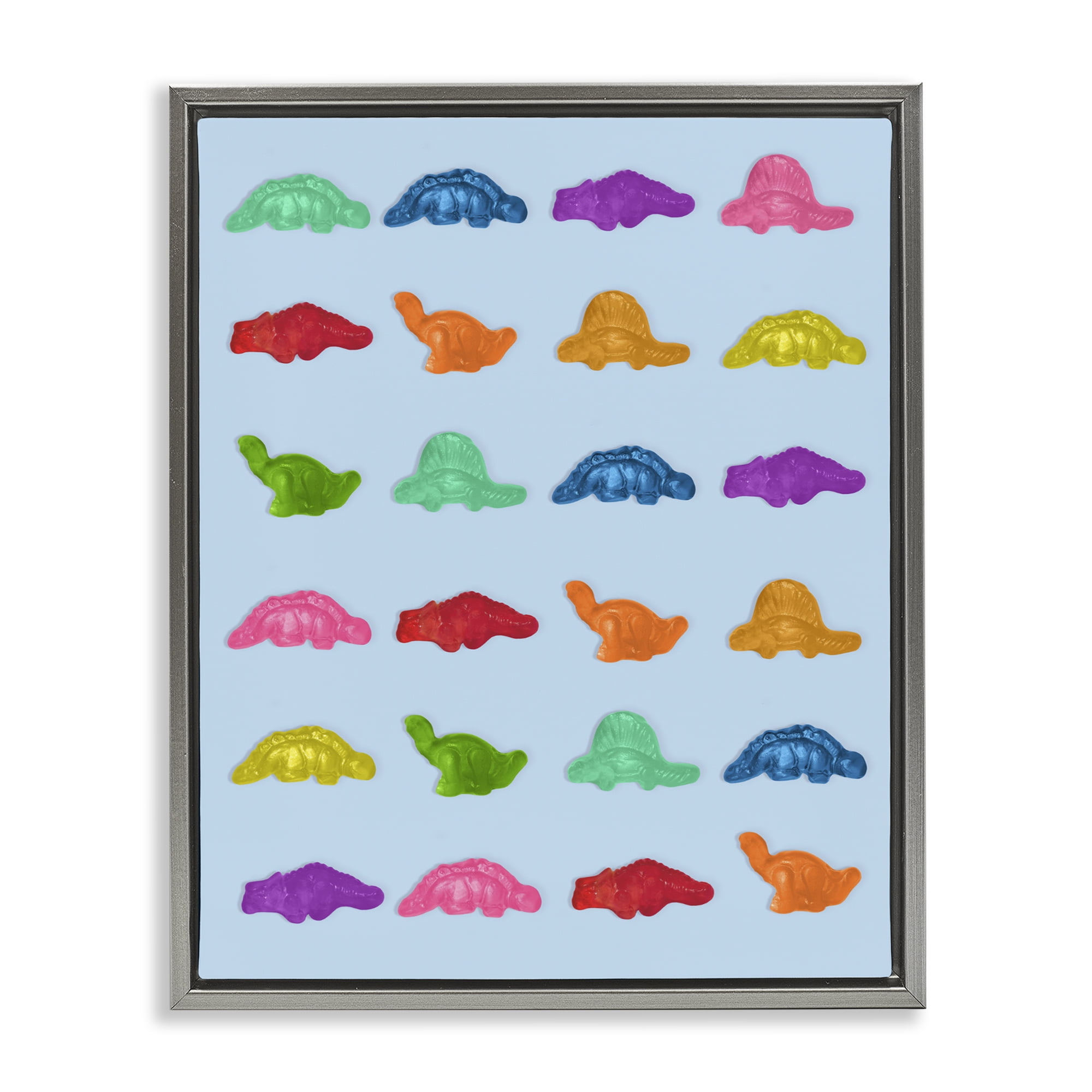 Stupell Industries Colorful Dinosaur Gummies Gray Framed Floater Canvas Wall Art, design by LISH Creative