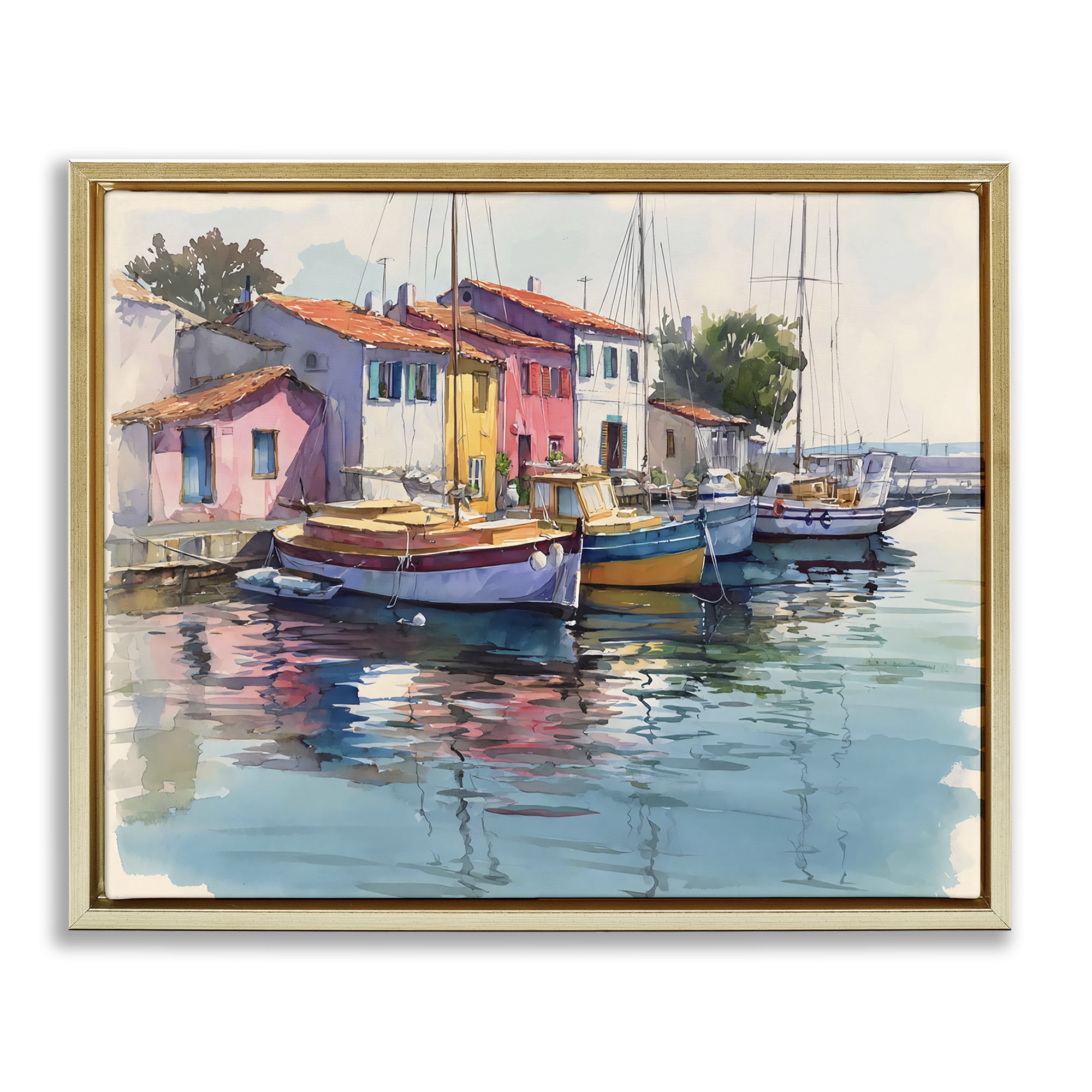 Stupell Industries Colorful Docks Harbor Gold Framed Floater Canvas Wall Art, design by Franklyn Gregory