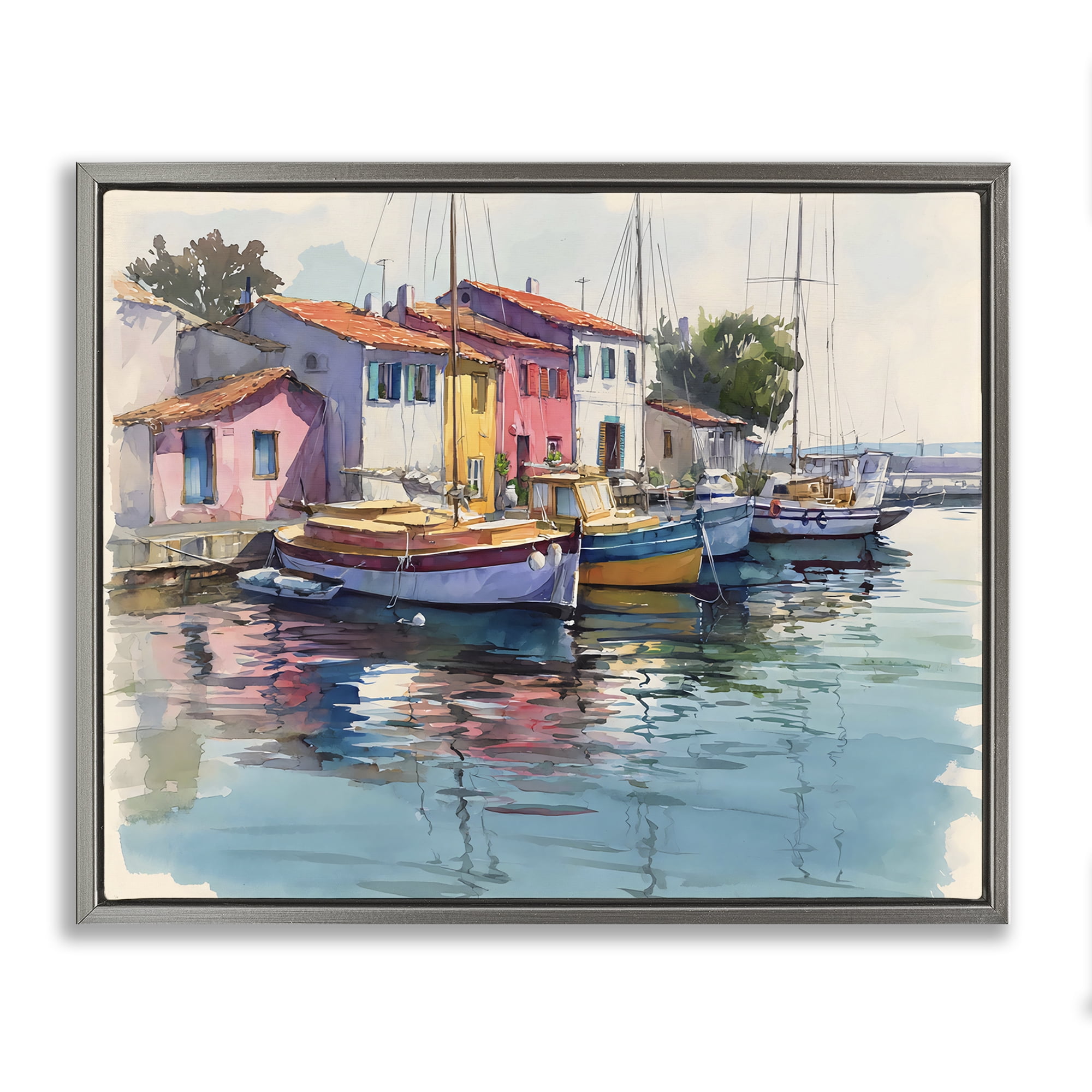Stupell Industries Colorful Docks Harbor Gray Framed Floater Canvas Wall Art, design by Franklyn Gregory