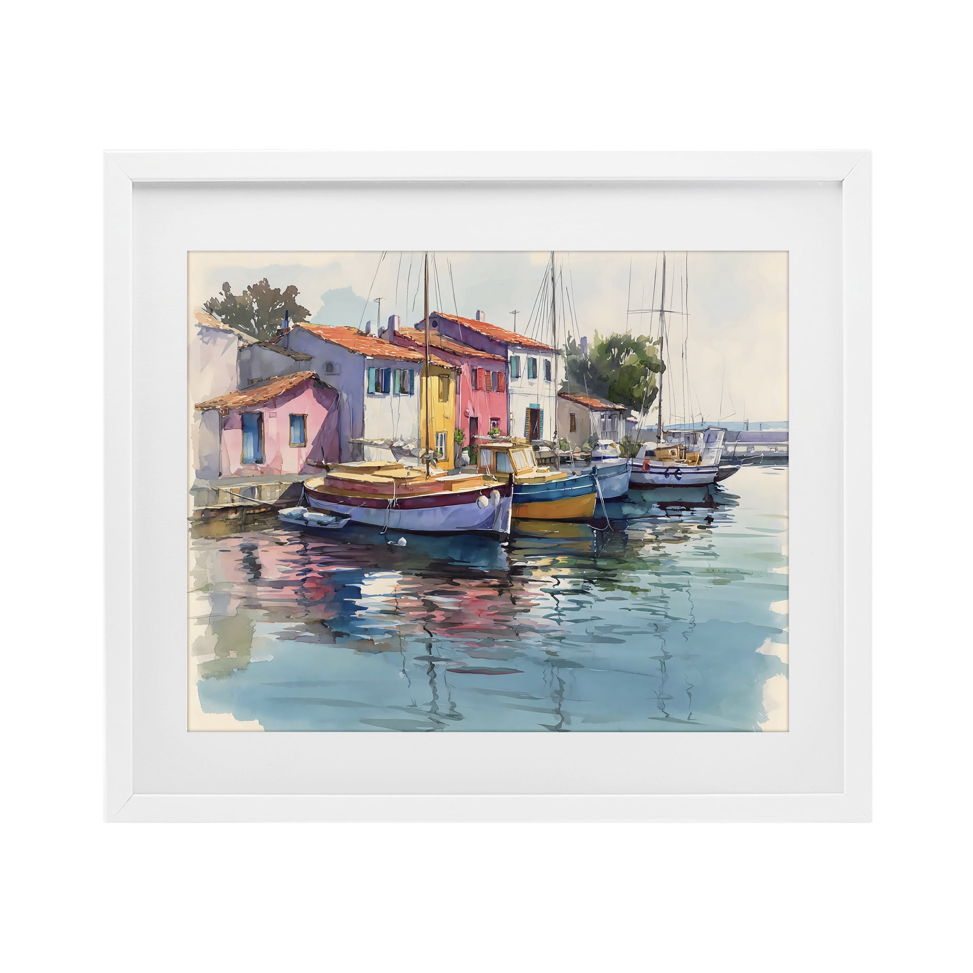 Stupell Industries Colorful Docks Harbor White Framed Print Under Glass, design by Franklyn Gregory