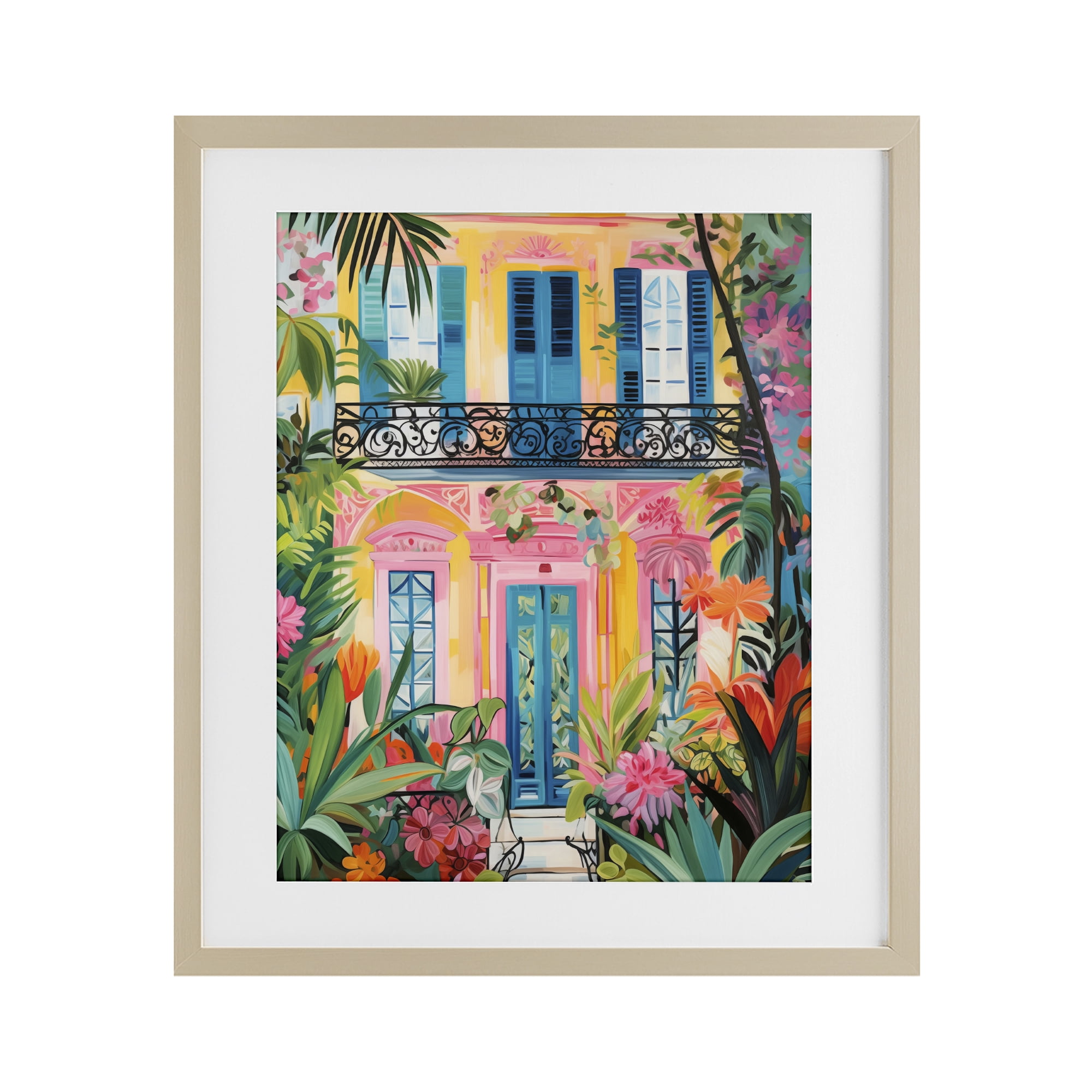 Stupell Industries Colorful Facade with Tropical Garden Birch Framed Print Under Glass, design by LSR Design Studio