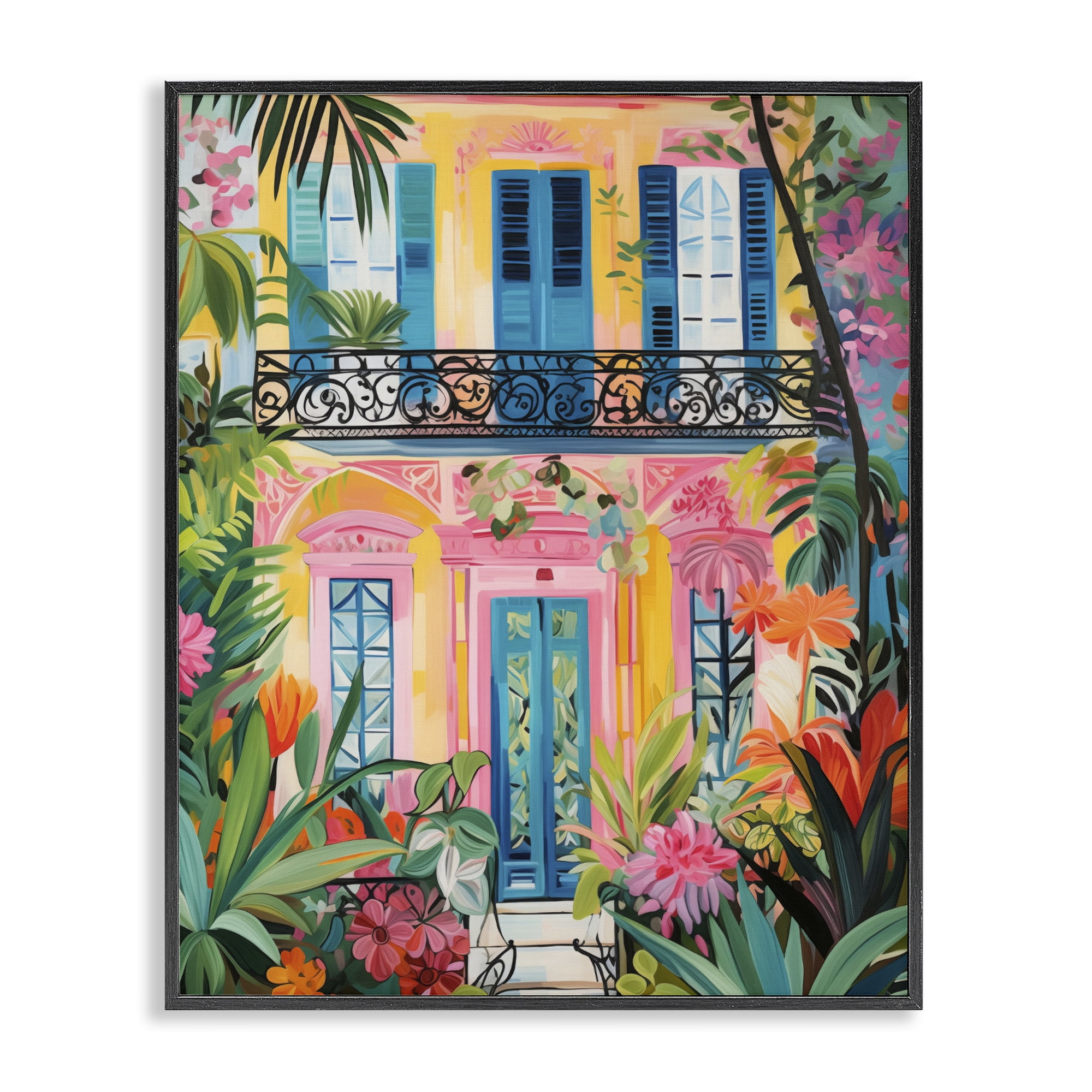 Stupell Industries Colorful Facade with Tropical Garden Black Framed Giclee Art, design by LSR Design Studio