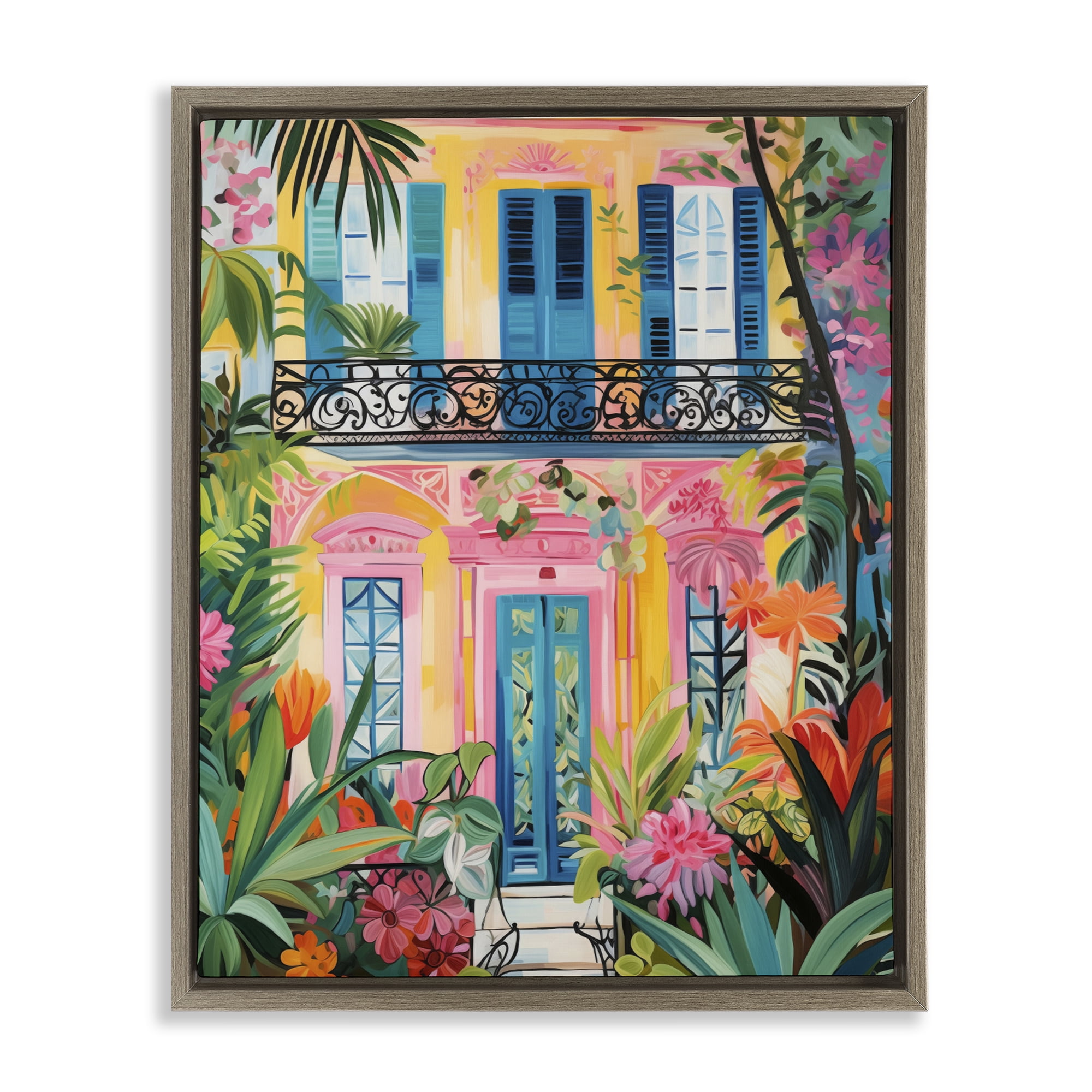 Stupell Industries Colorful Facade with Tropical Garden Brown Framed Floater Canvas Wall Art, design by LSR Design Studio