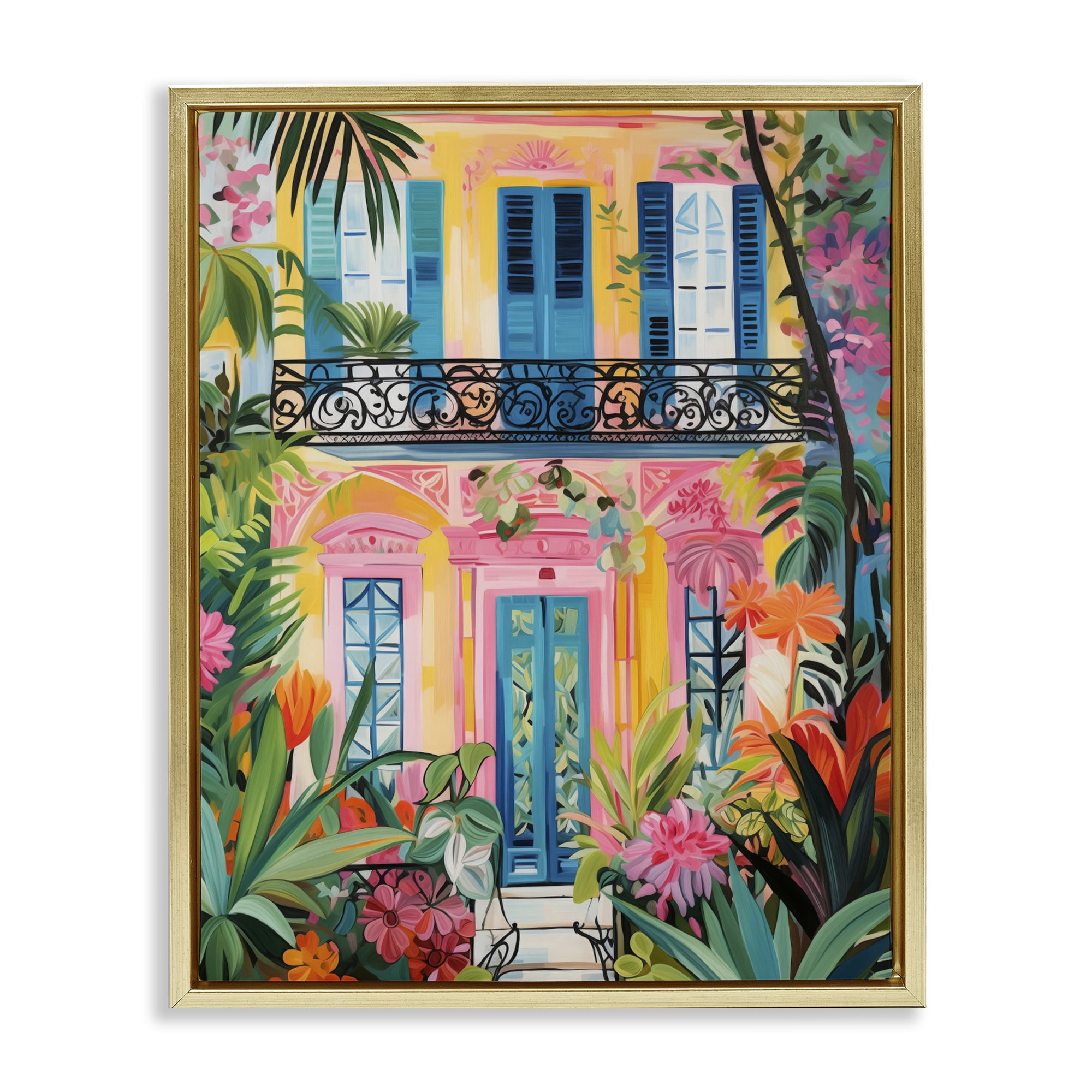 Stupell Industries Colorful Facade with Tropical Garden Gold Framed Floater Canvas Wall Art, design by LSR Design Studio