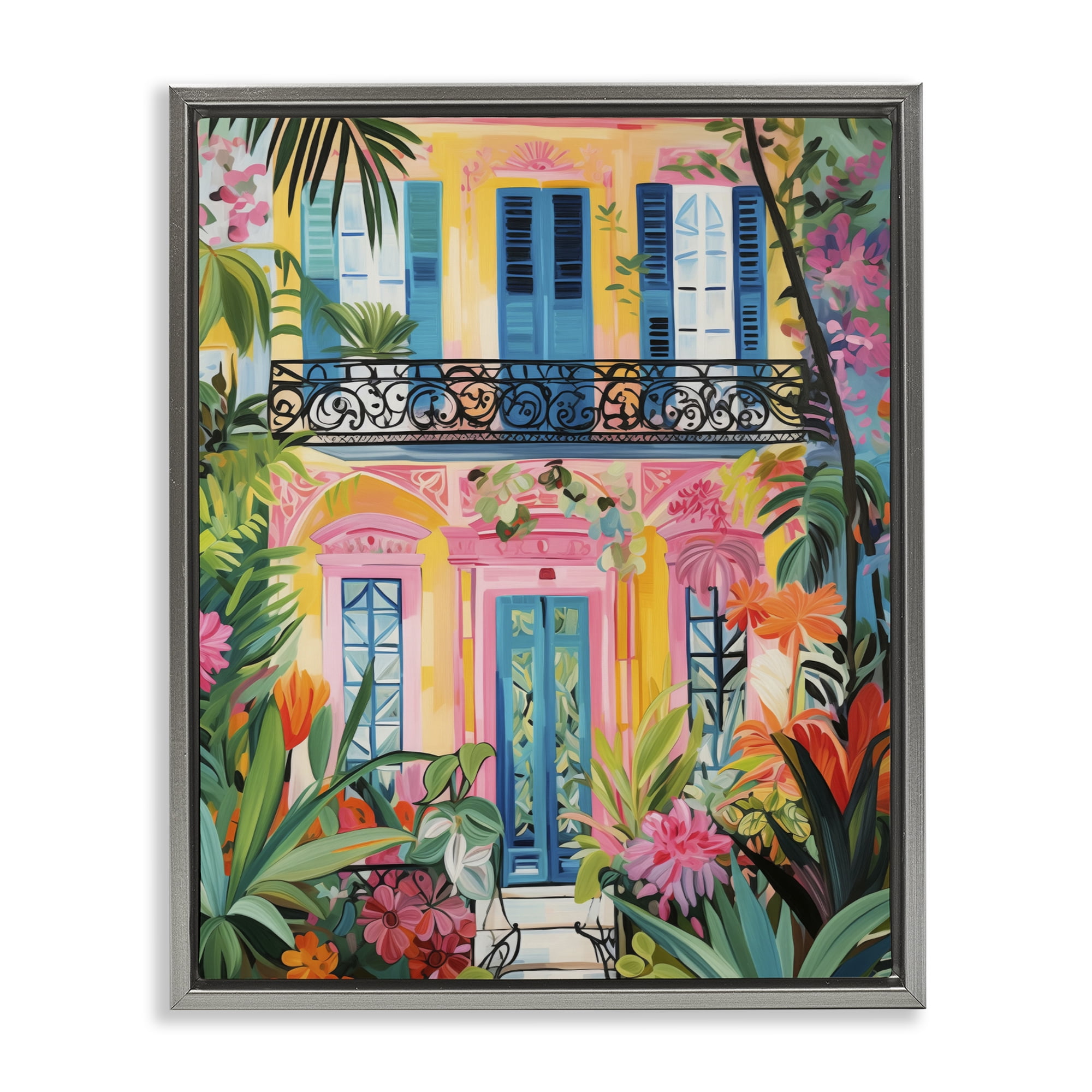 Stupell Industries Colorful Facade with Tropical Garden Gray Framed Floater Canvas Wall Art, design by LSR Design Studio