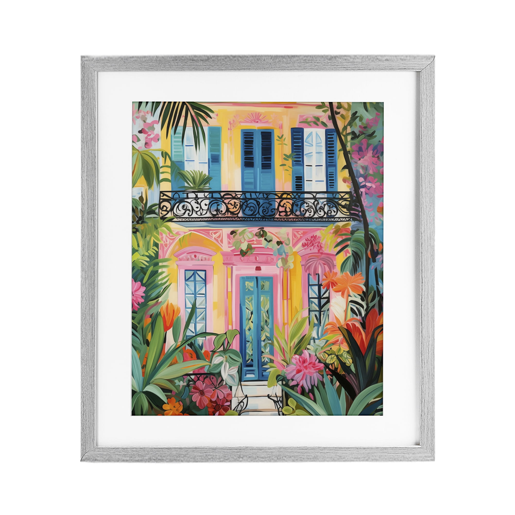 Stupell Industries Colorful Facade with Tropical Garden Gray Framed Print Under Glass, design by LSR Design Studio