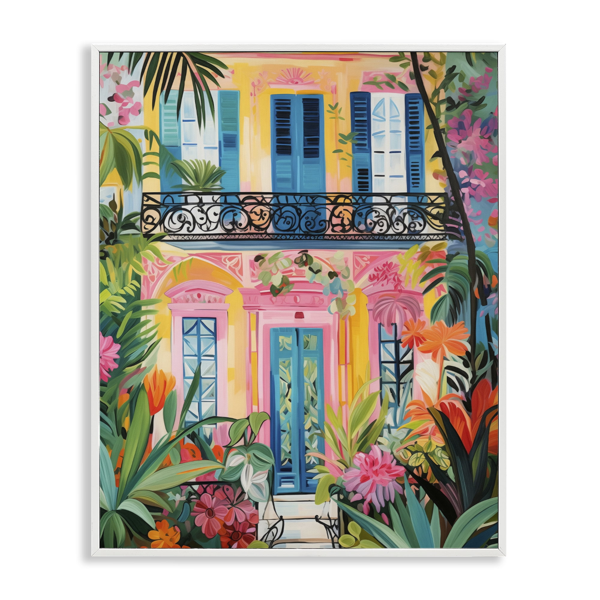 Stupell Industries Colorful Facade with Tropical Garden White Framed Giclee Art, design by LSR Design Studio