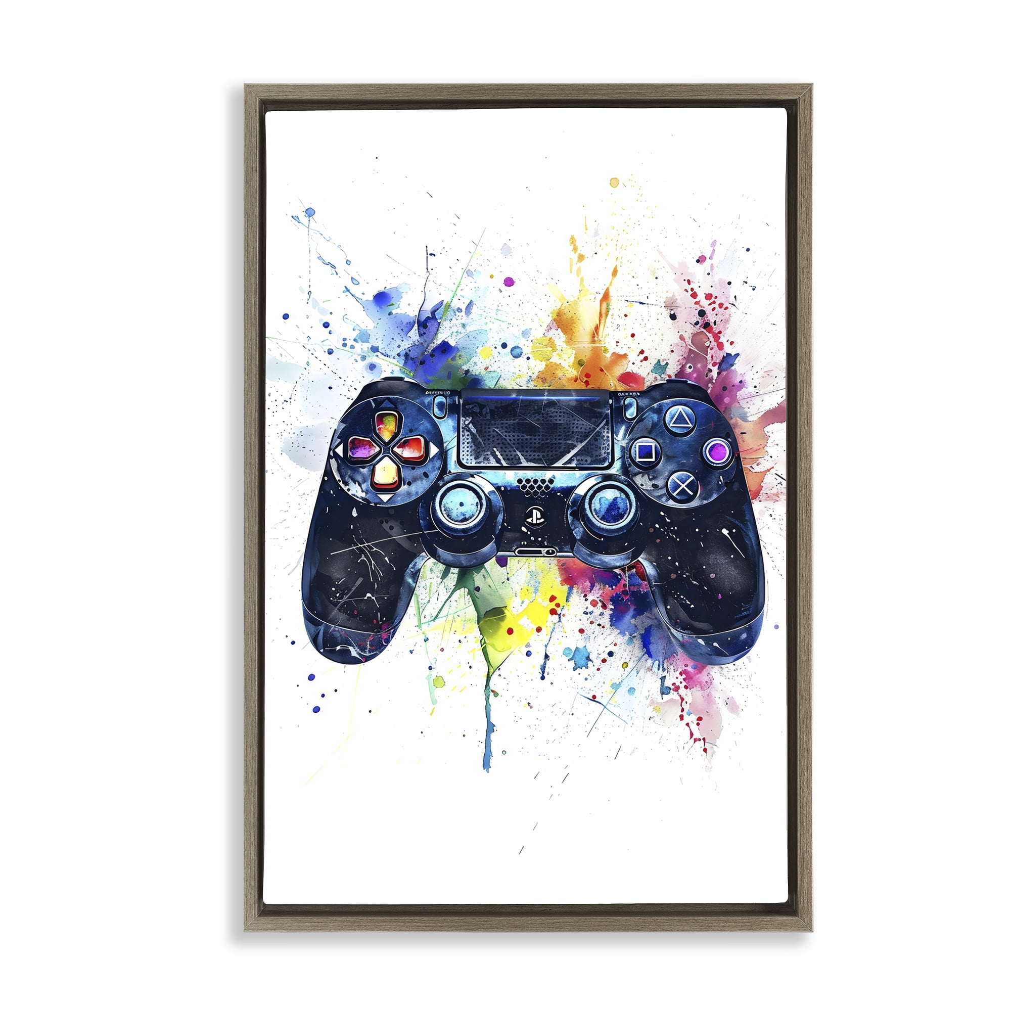 Stupell Industries Colorful Gaming Controller Splatter Brown Framed Floater Canvas Wall Art, design by Creative Studio