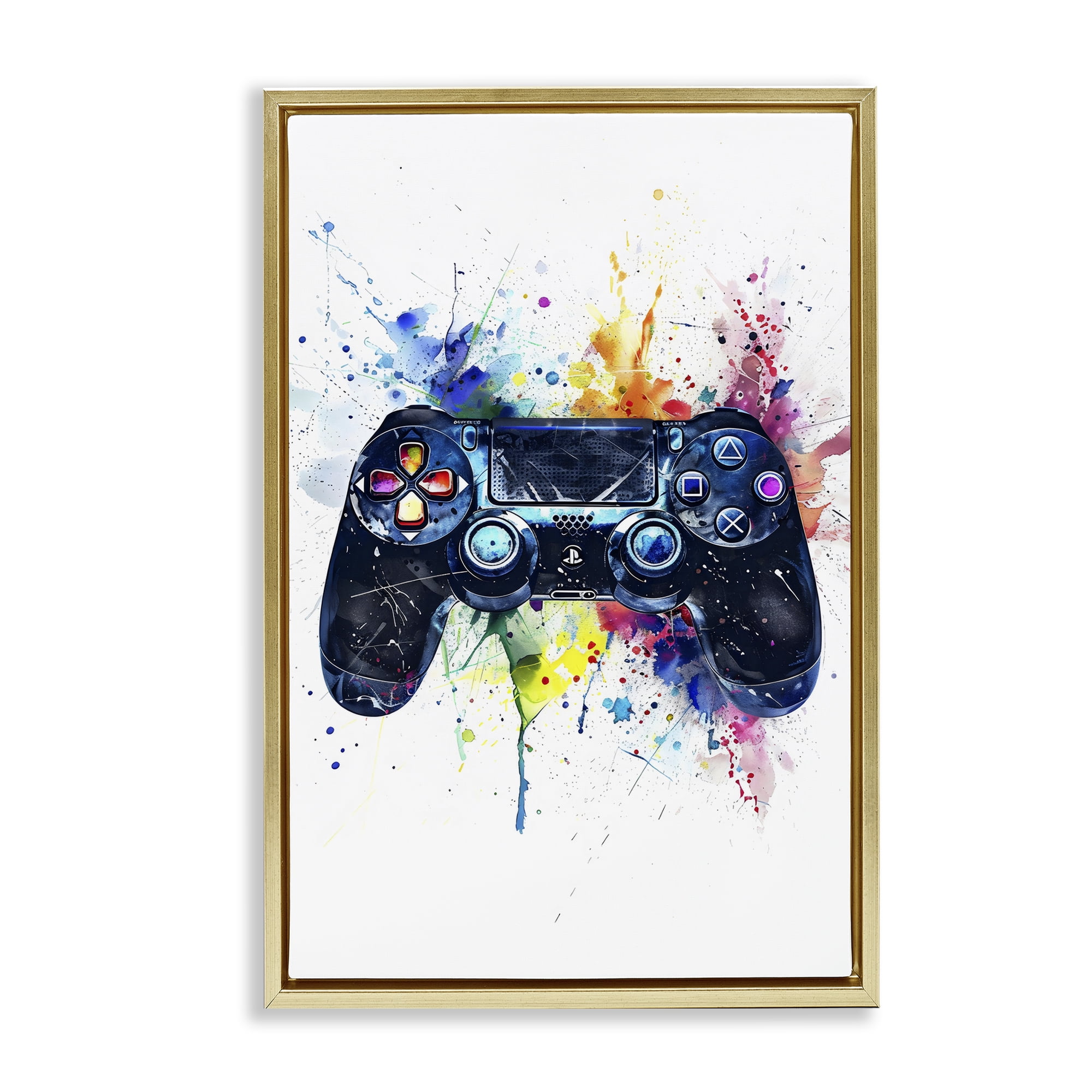Stupell Industries Colorful Gaming Controller Splatter Gold Framed Floater Canvas Wall Art, design by Creative Studio