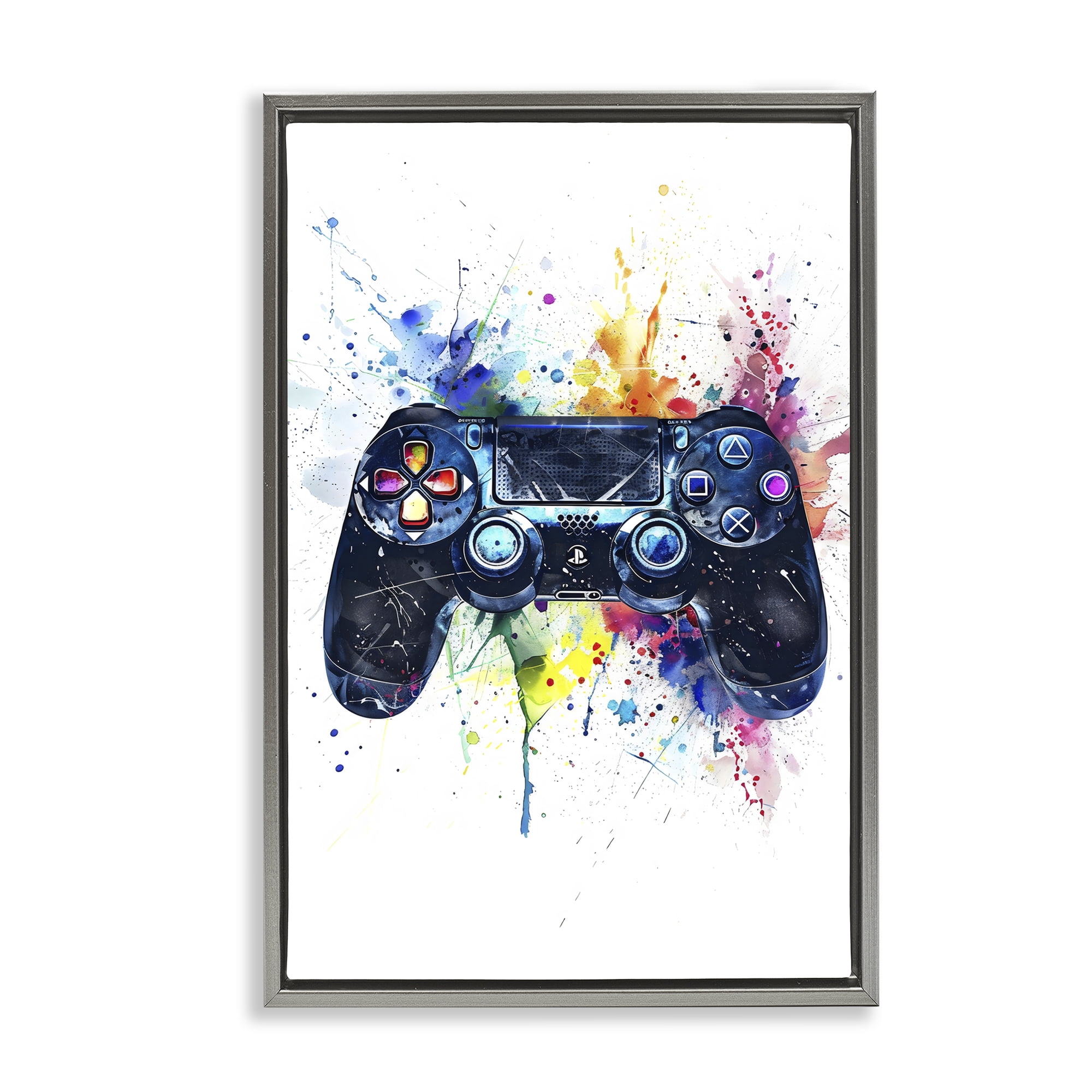 Stupell Industries Colorful Gaming Controller Splatter Gray Framed Floater Canvas Wall Art, design by Creative Studio