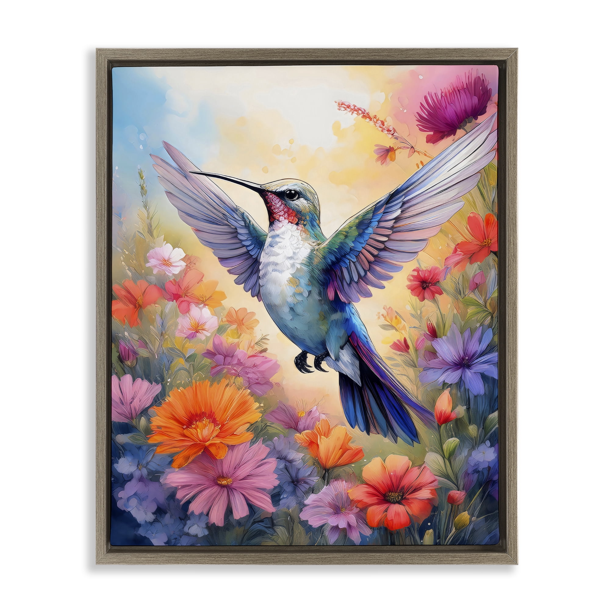 Stupell Industries Colorful Hummingbird in Bloom Brown Framed Floater Canvas Wall Art, design by Creative Studio