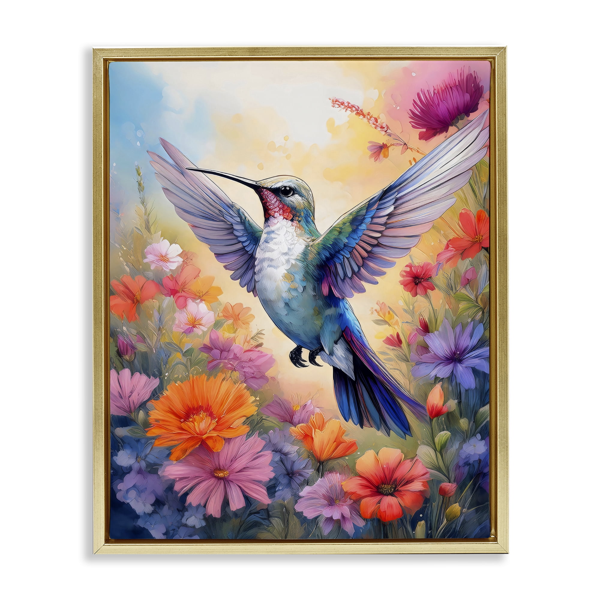 Stupell Industries Colorful Hummingbird in Bloom Gold Framed Floater Canvas Wall Art, design by Creative Studio