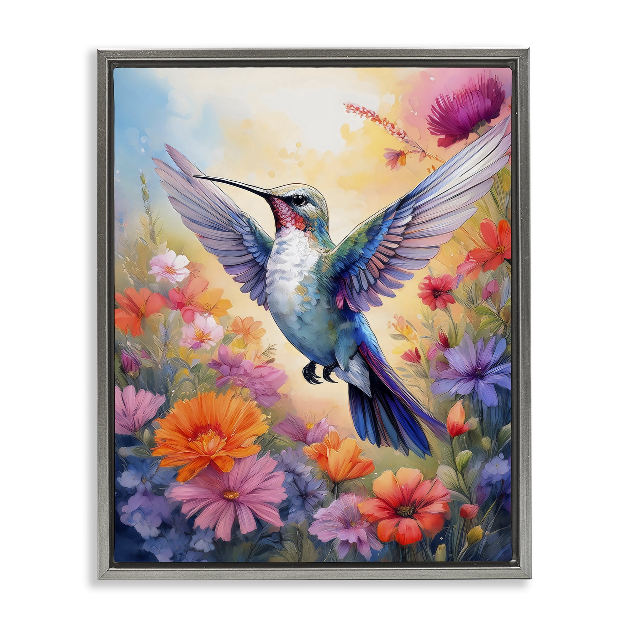 Stupell Industries Colorful Hummingbird in Bloom Gray Framed Floater Canvas Wall Art, design by Creative Studio