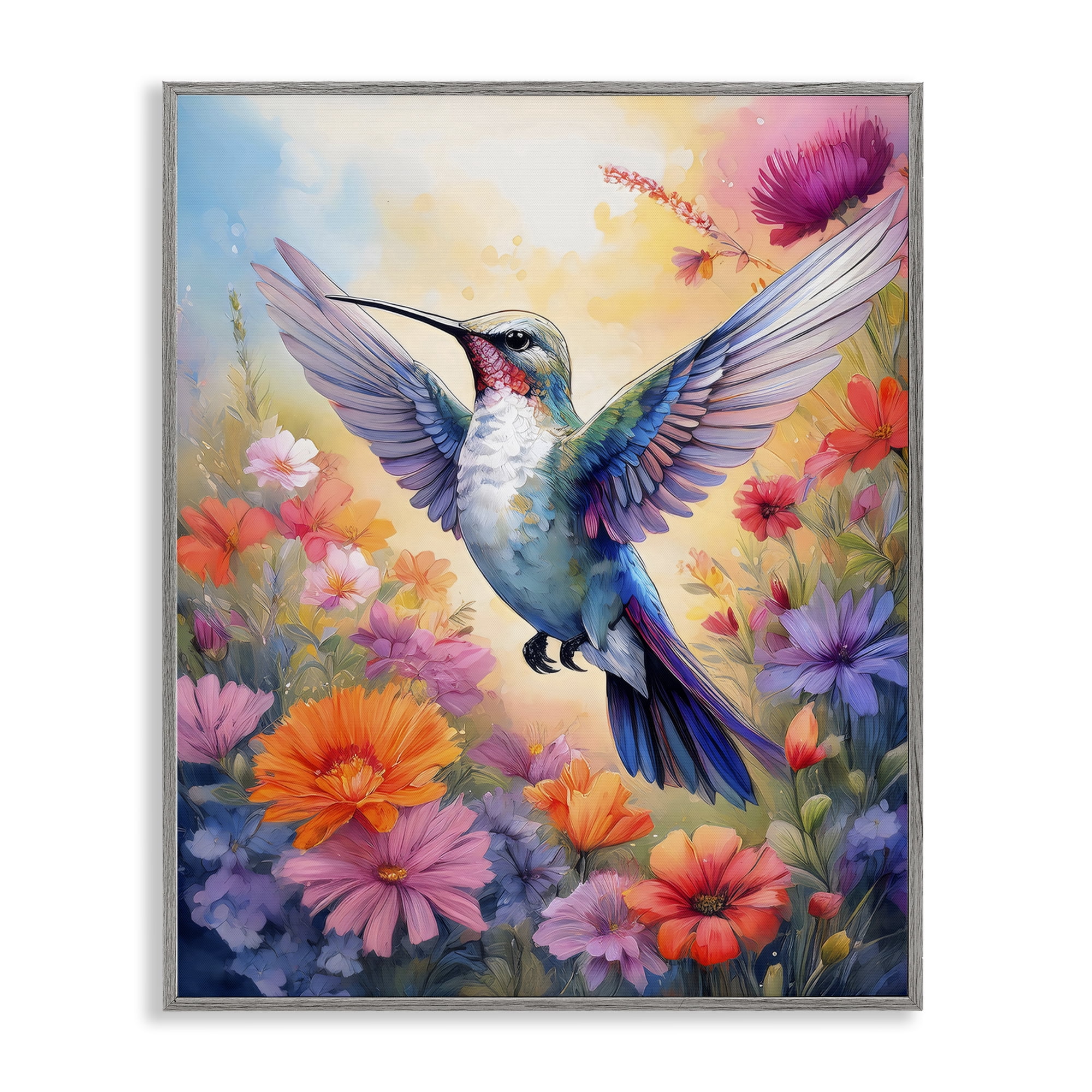 Stupell Industries Colorful Hummingbird in Bloom Gray Framed Giclee Art, design by Creative Studio