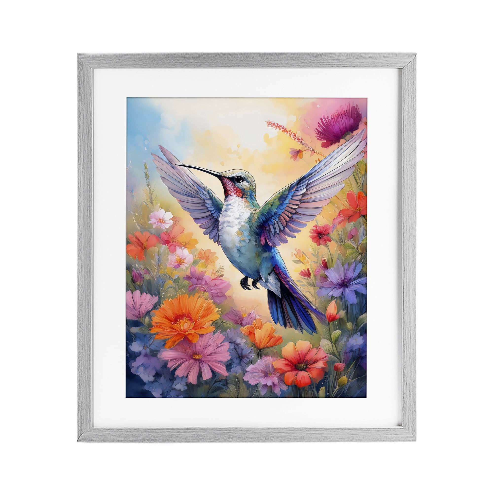 Stupell Industries Colorful Hummingbird in Bloom Gray Framed Print Under Glass, design by Creative Studio
